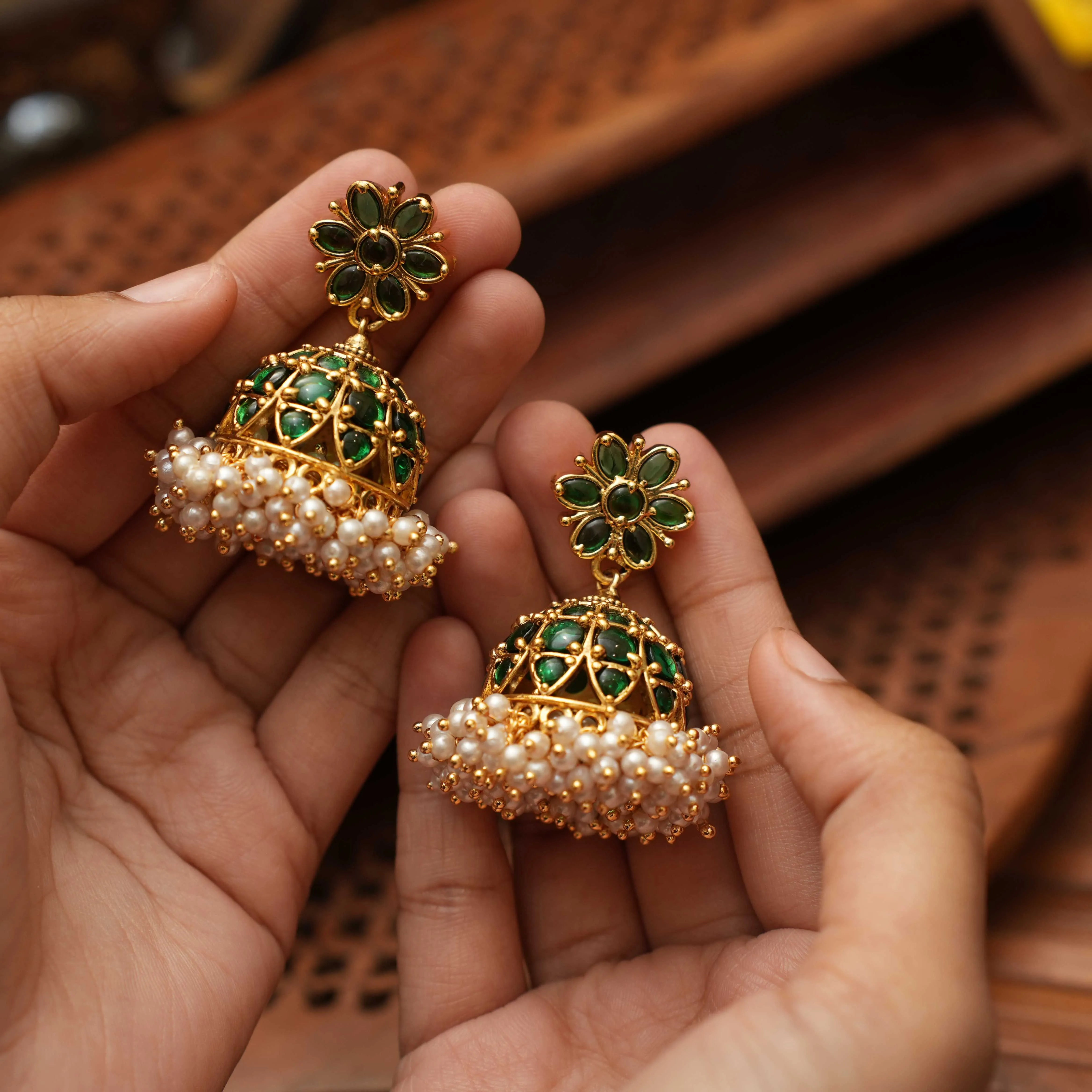 Drisa Antique Jhumka Earrings Green