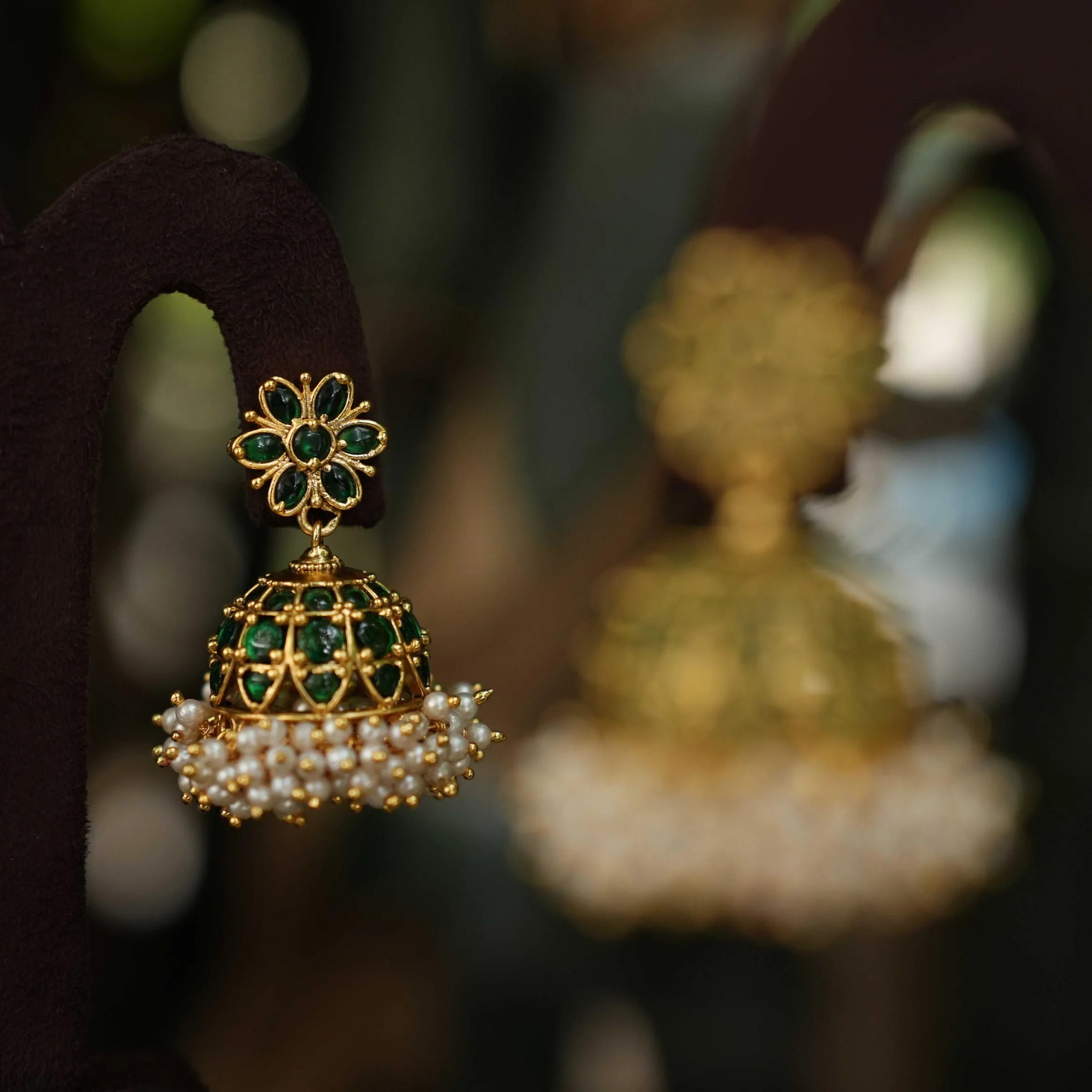 Drisa Antique Jhumka Earrings Green