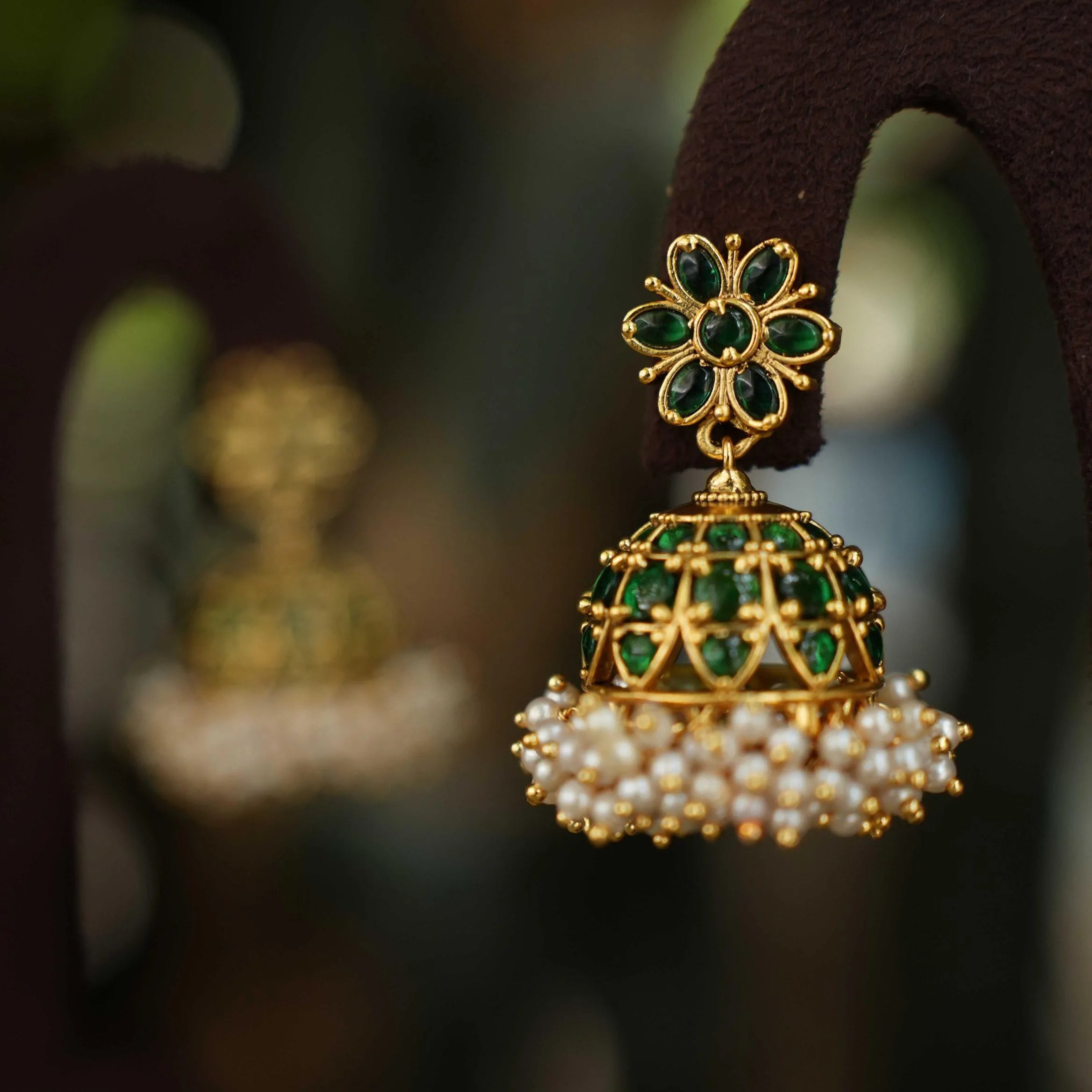 Drisa Antique Jhumka Earrings Green