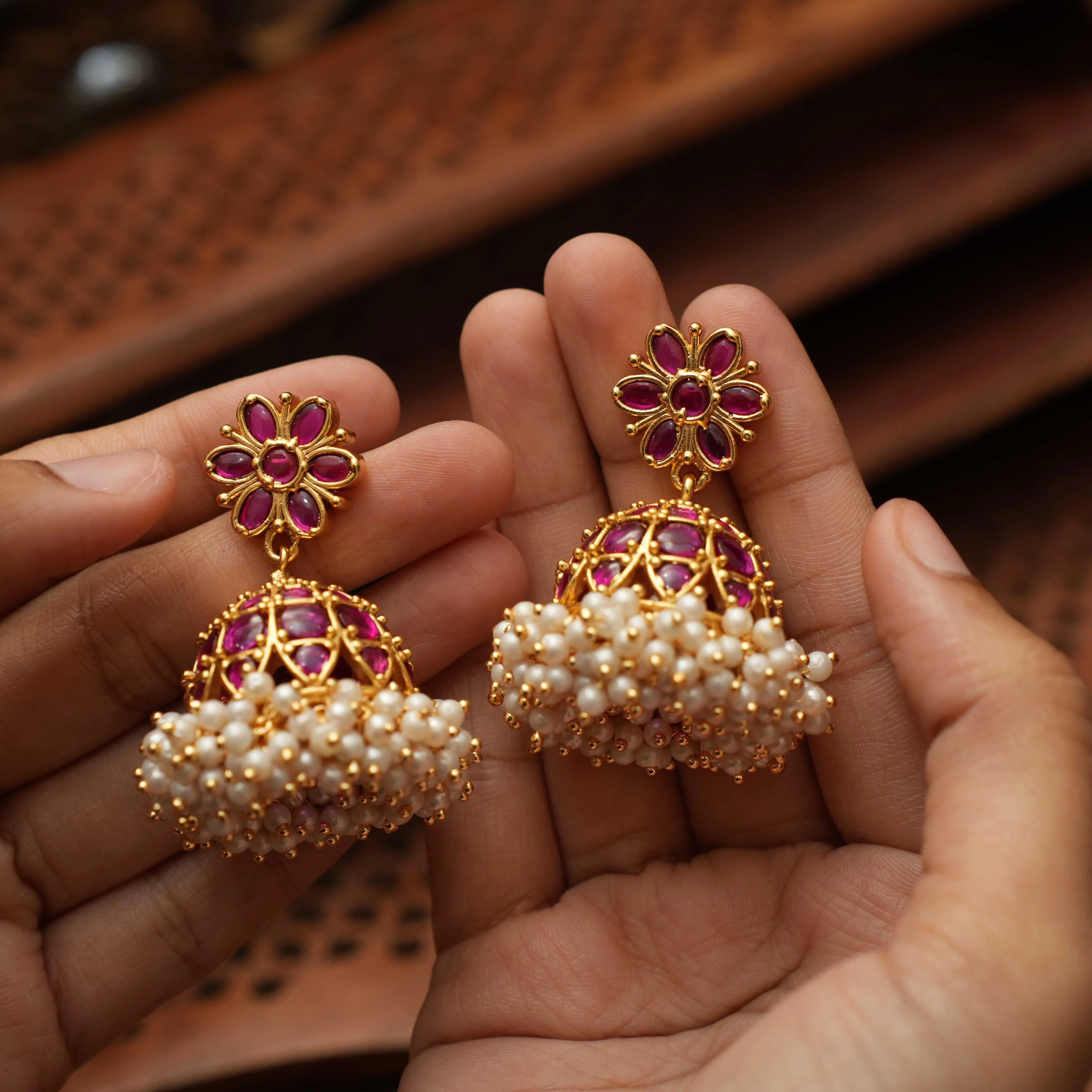 Drisa Antique Jhumka Earrings Red