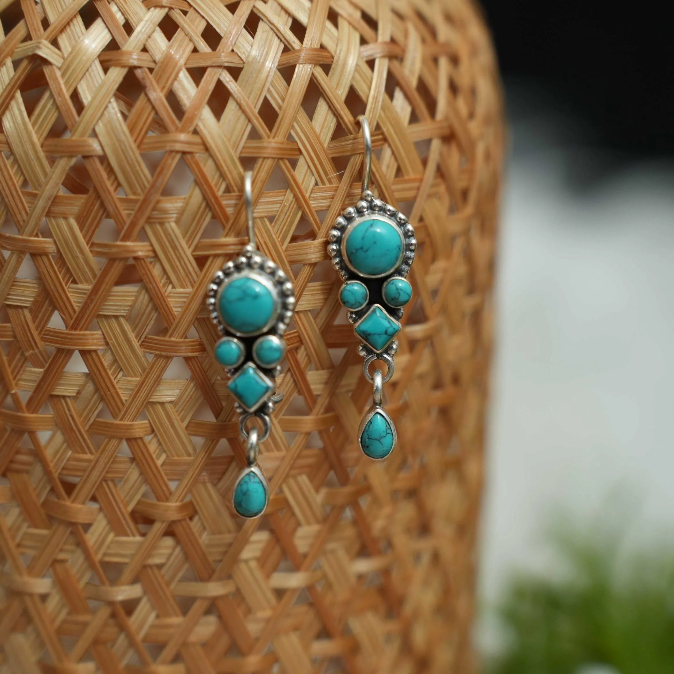 Eesha Silver Oxidsied Hoop Earrings - Turquoise