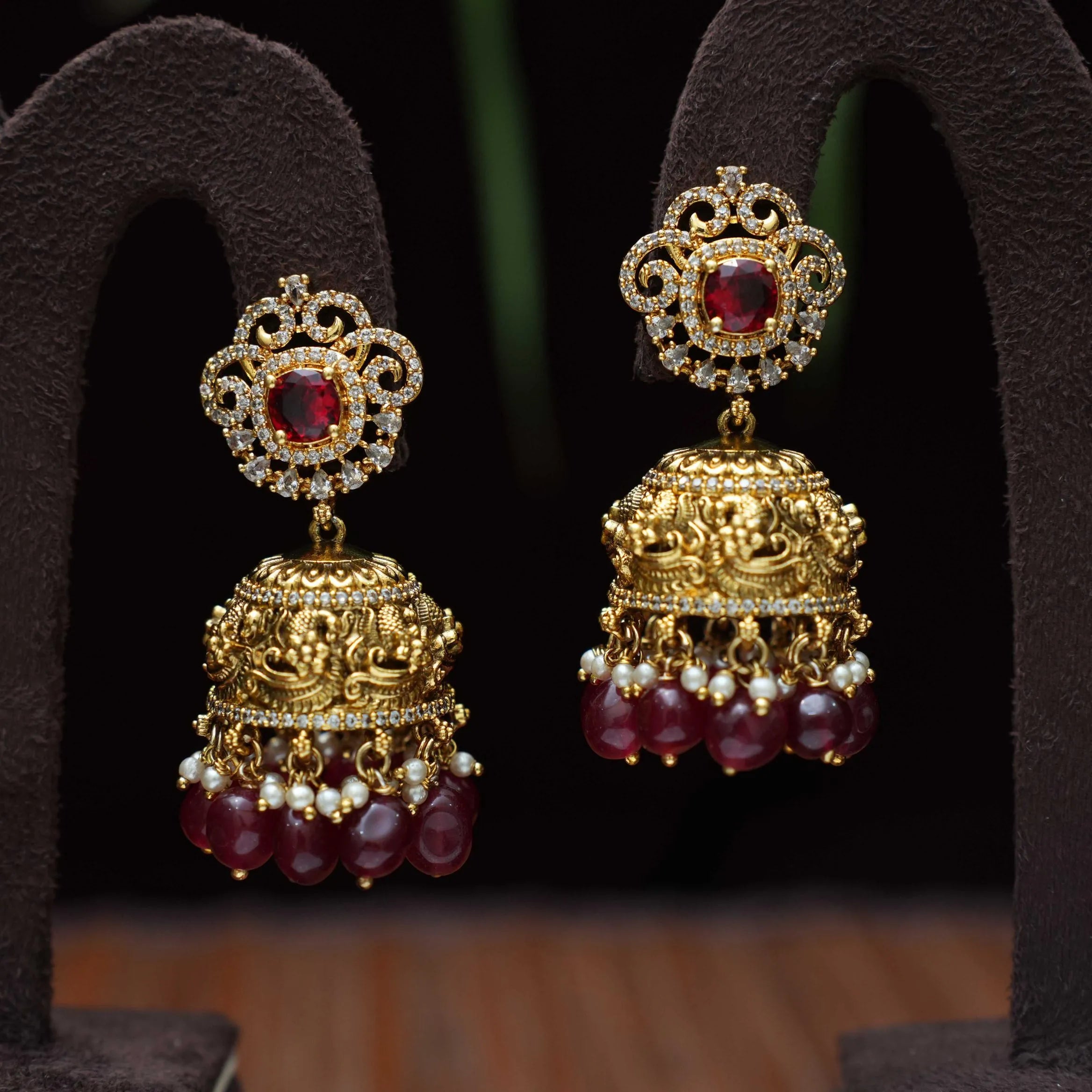 Eliza Zircon Jhumka Earrings - Red