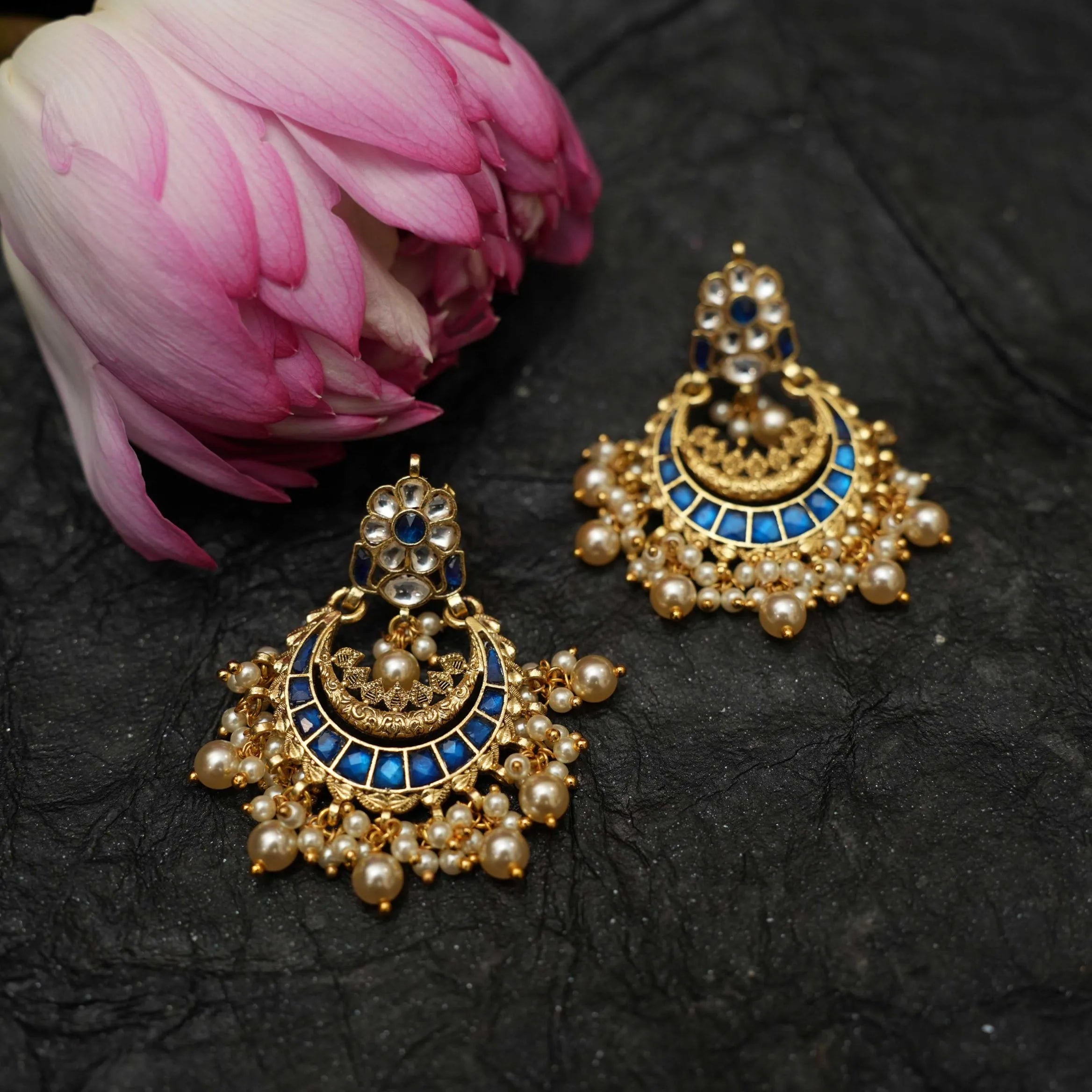 Firdaus Polki Chandbali Earrings - Blue