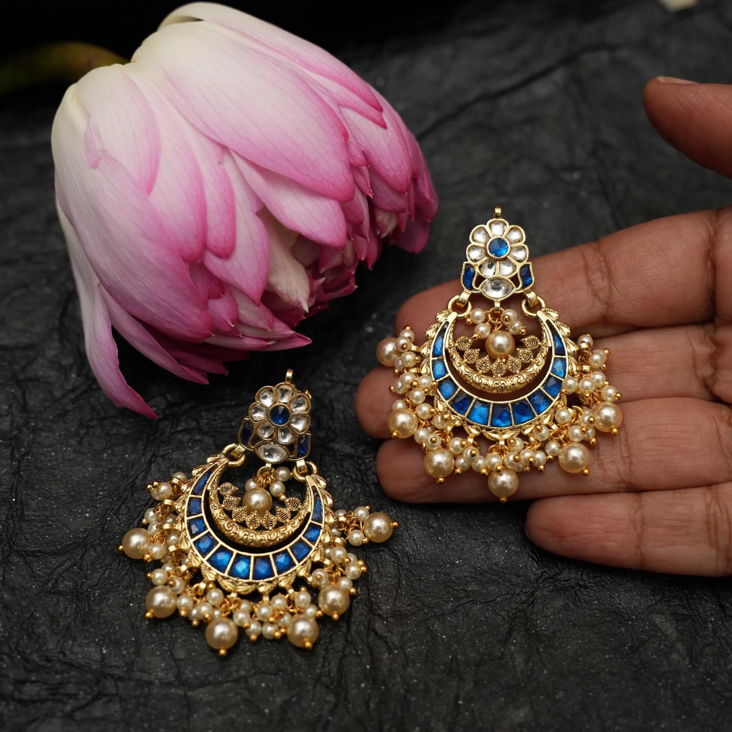 Firdaus Polki Chandbali Earrings - Blue