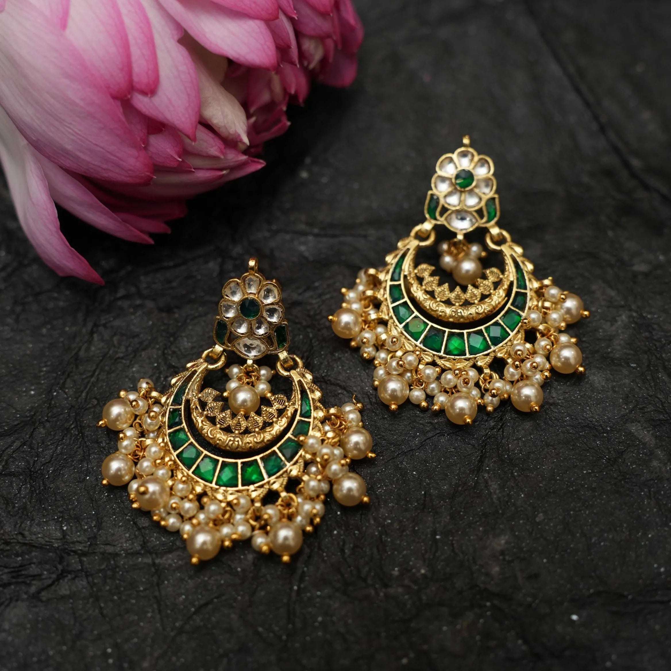 Firdaus Polki Chandbali Earrings - Green