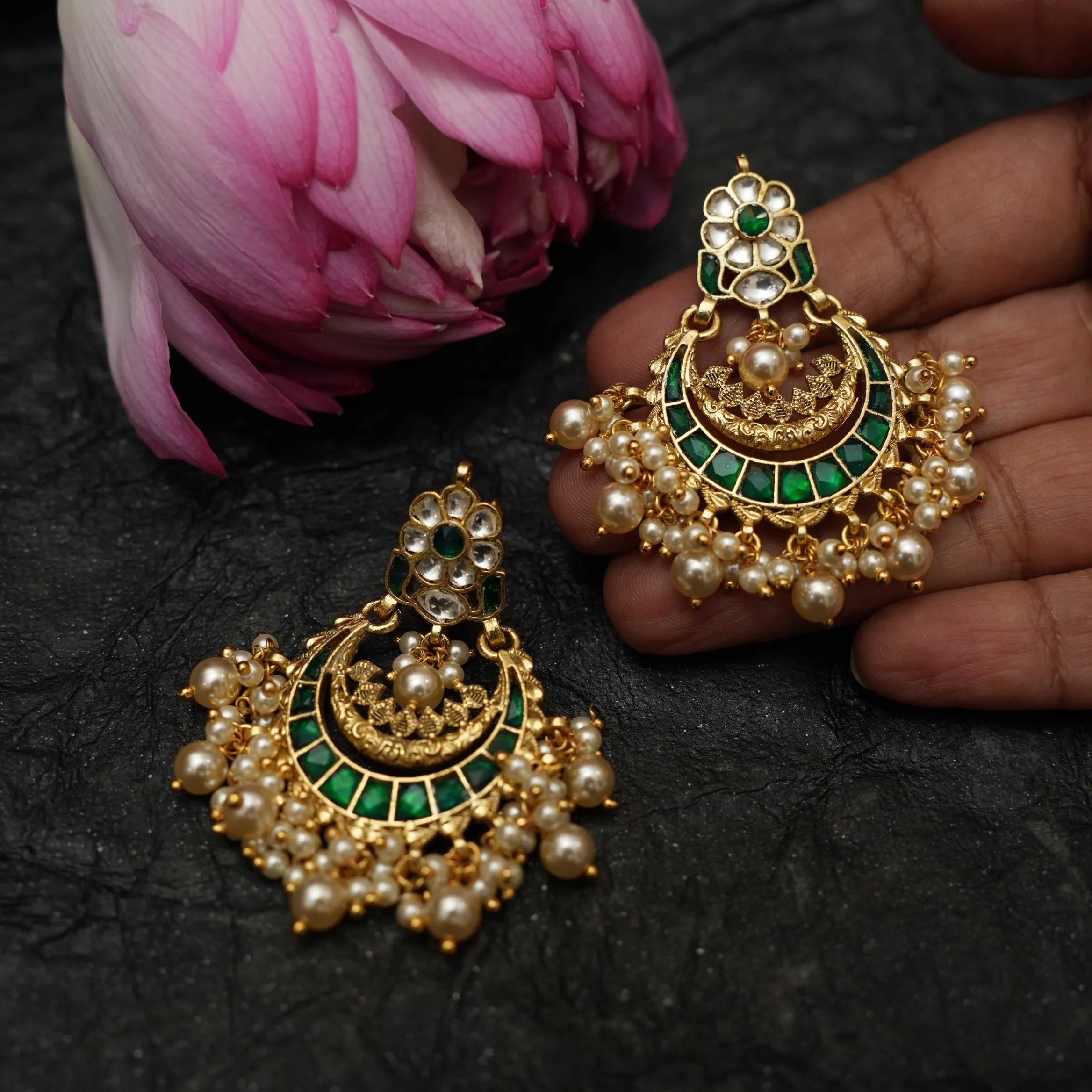 Firdaus Polki Chandbali Earrings - Green