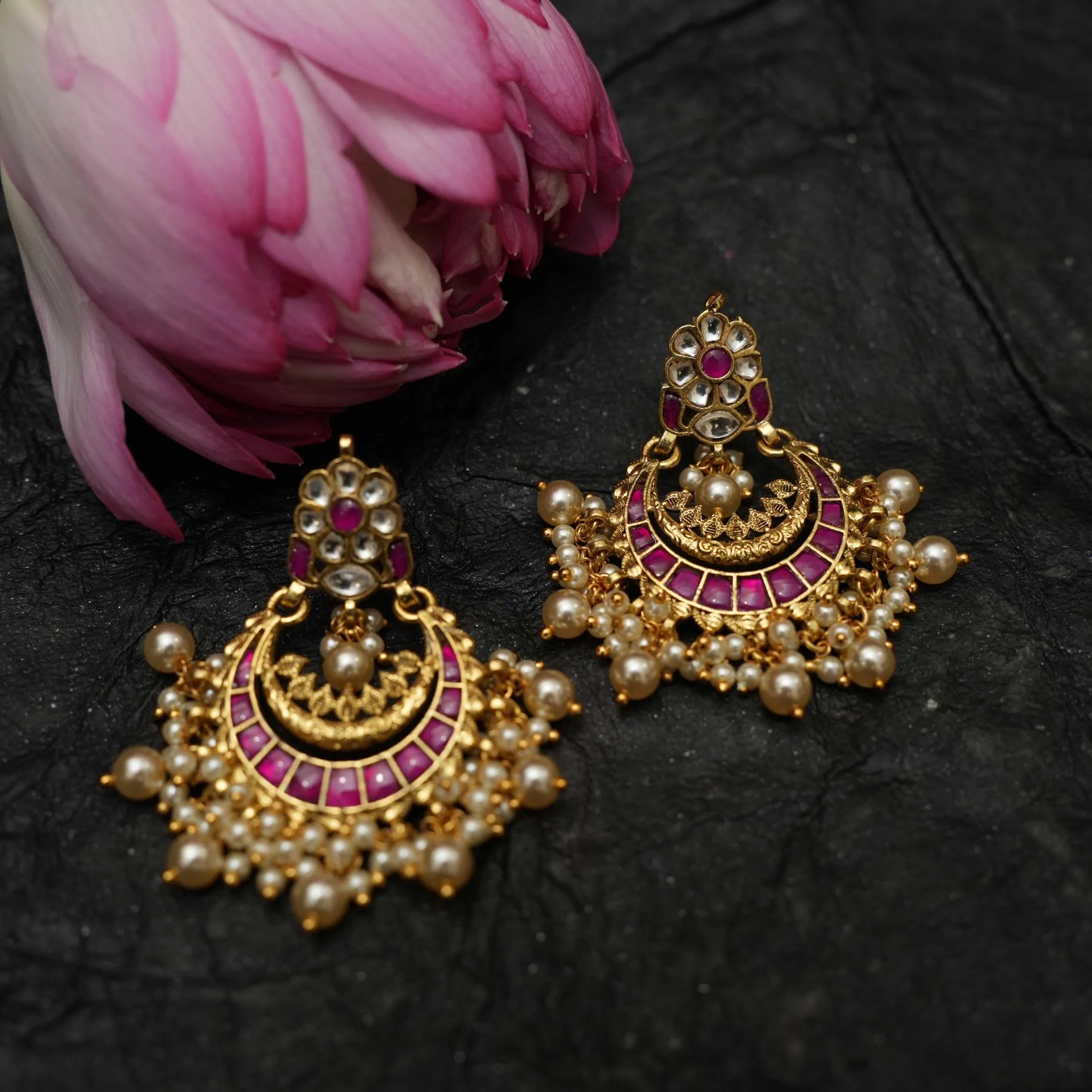 Firdaus Polki Chandbali Earrings - Reddish Pink