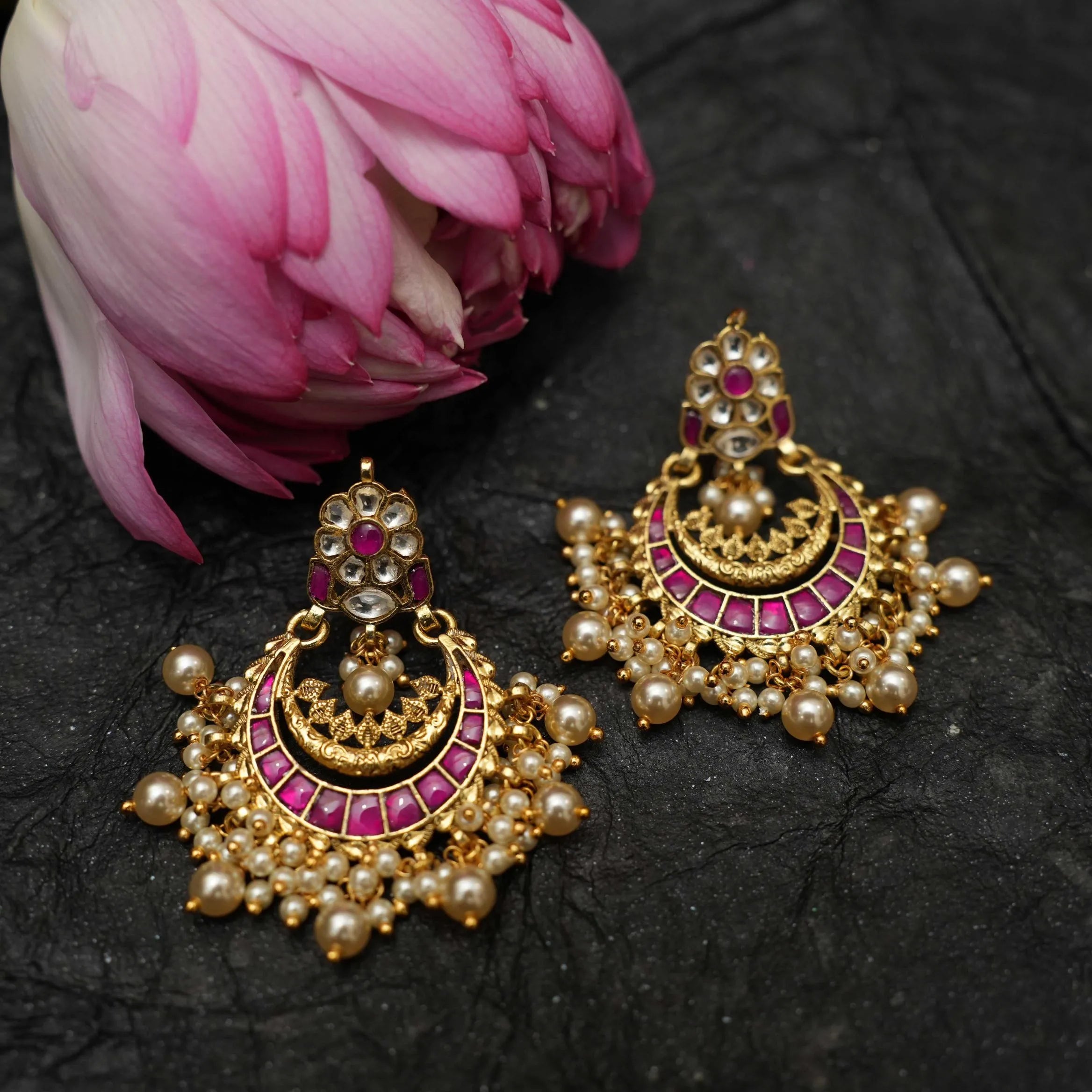 Firdaus Polki Chandbali Earrings - Reddish Pink