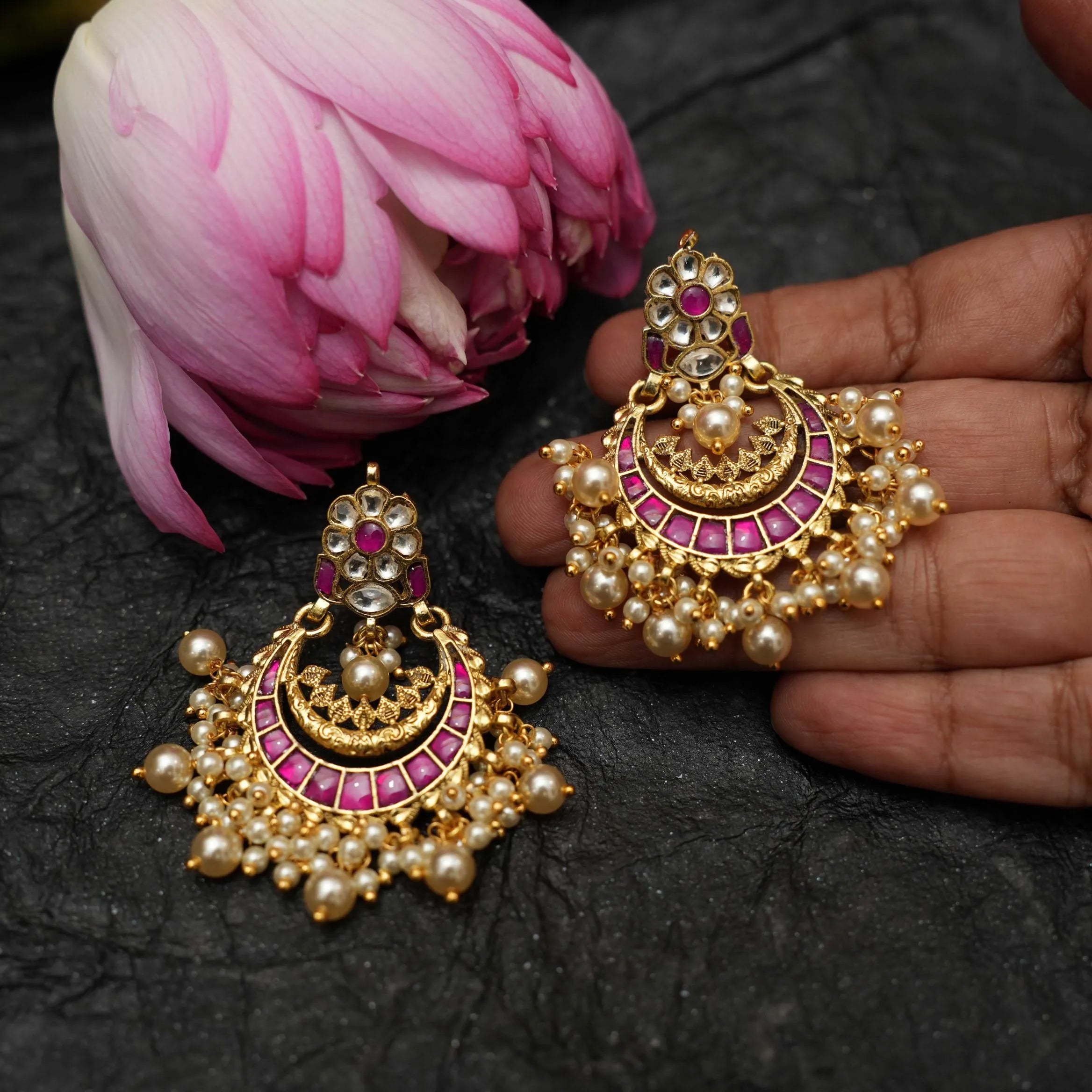 Firdaus Polki Chandbali Earrings - Reddish Pink