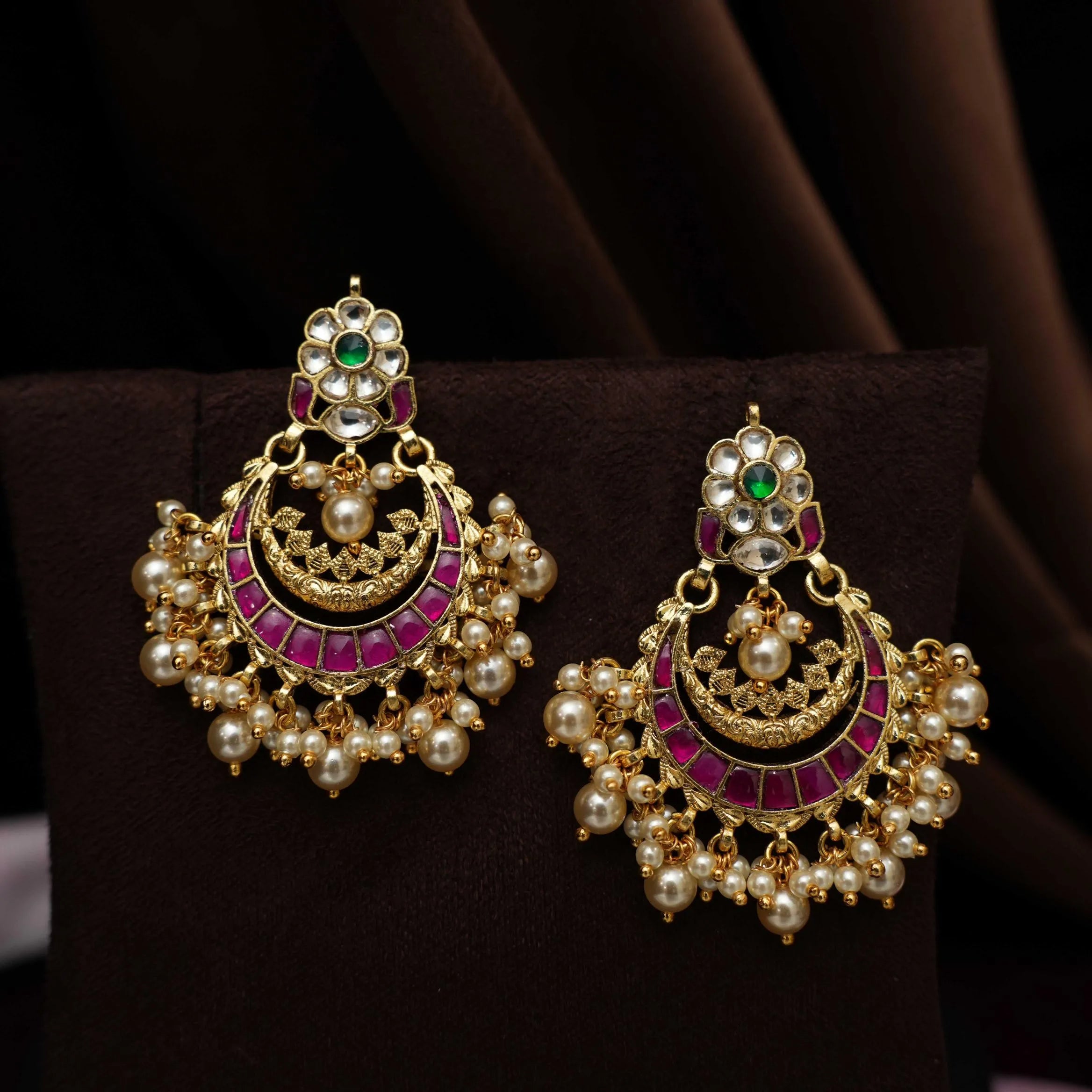 Firdaus Polki Chandbali Earrings - Red & Green