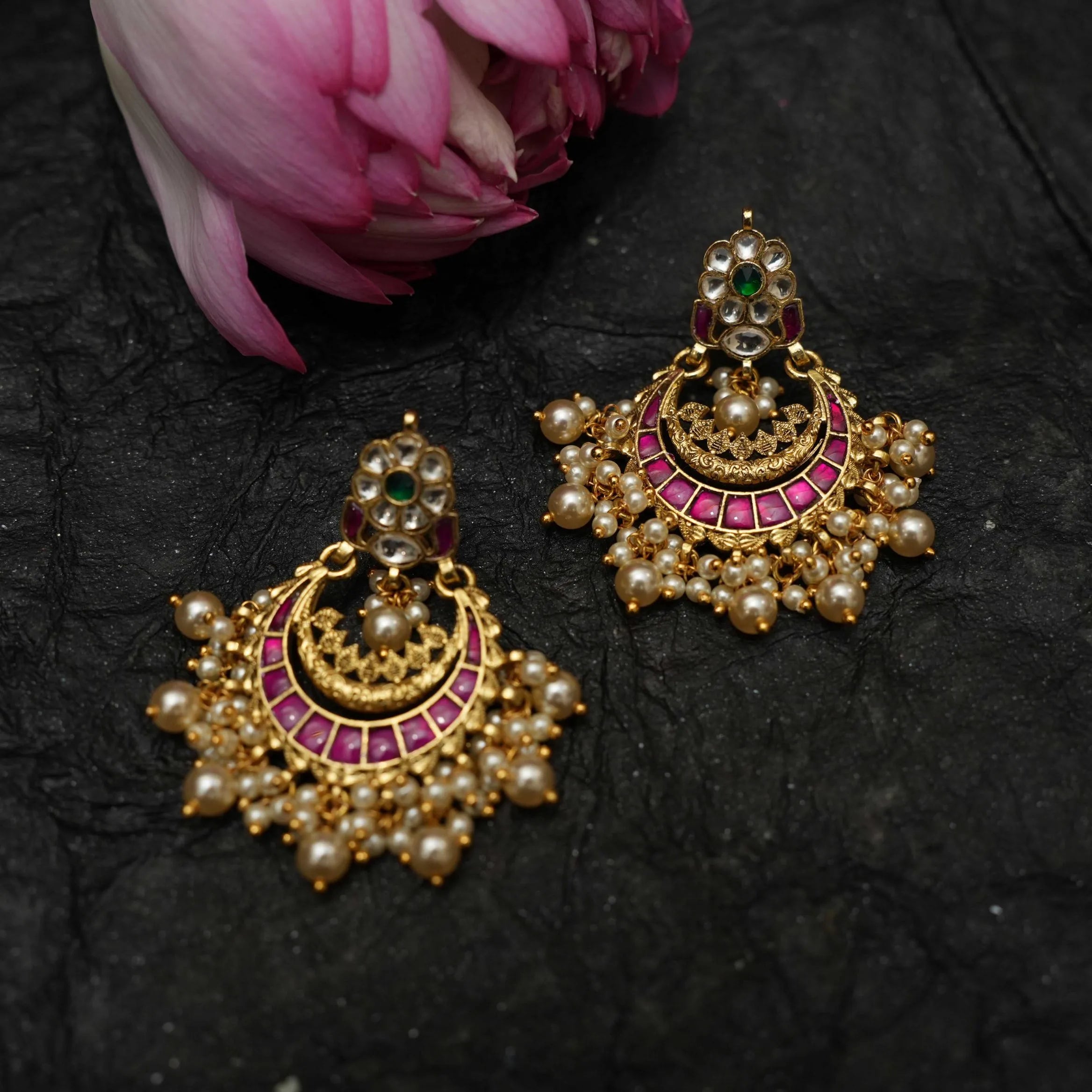 Firdaus Polki Chandbali Earrings - Red & Green