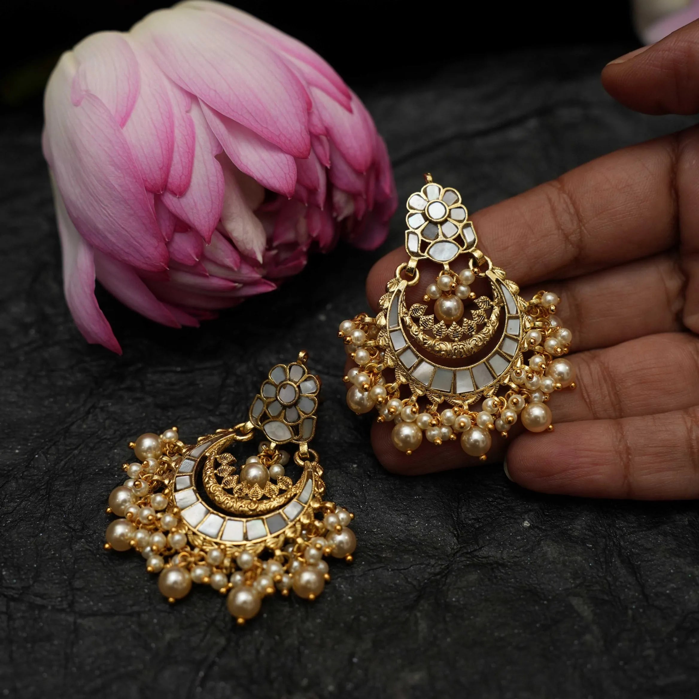 Firdaus Polki Chandbali Earrings - Grey