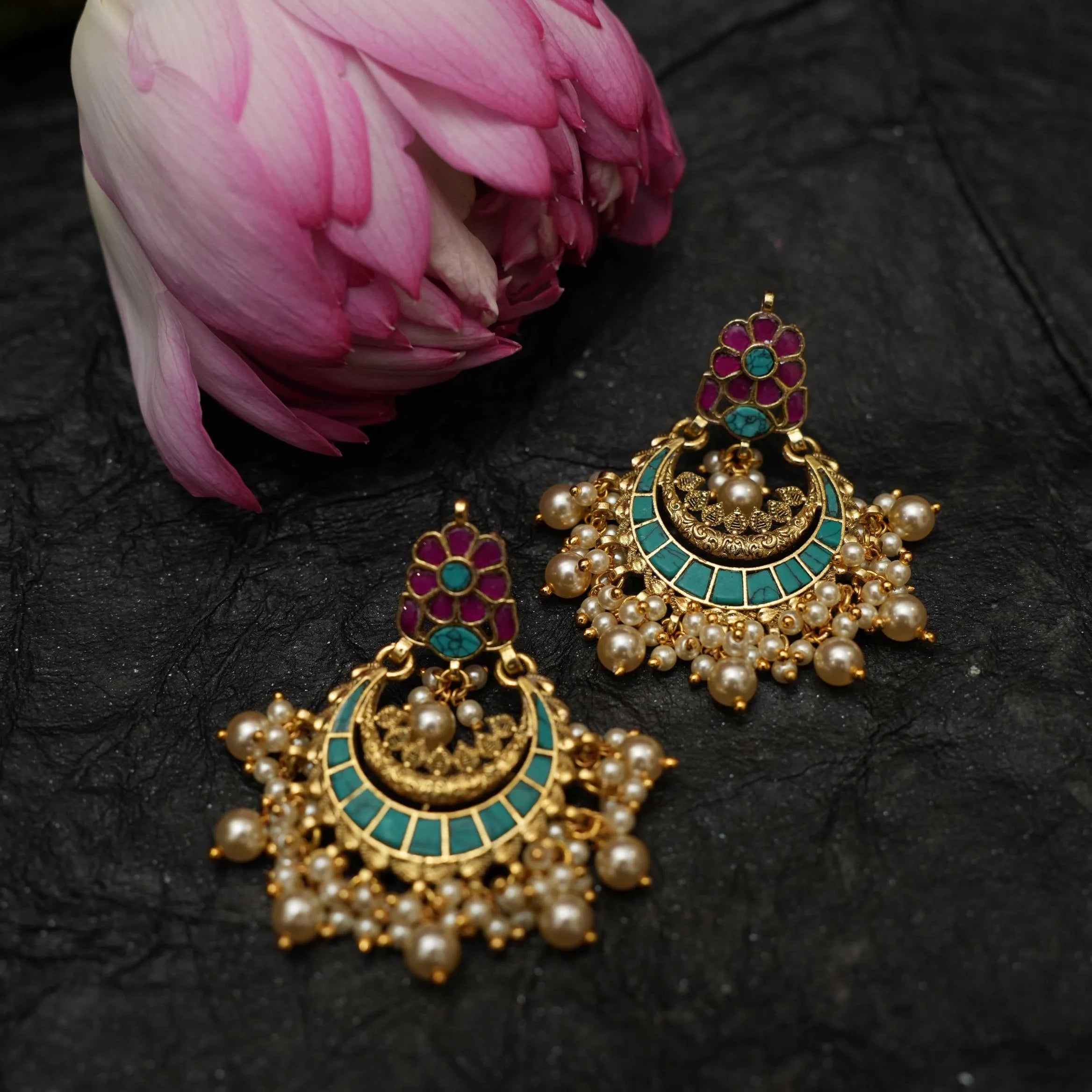 Firdaus Polki Chandbali Earrings - Turquoise