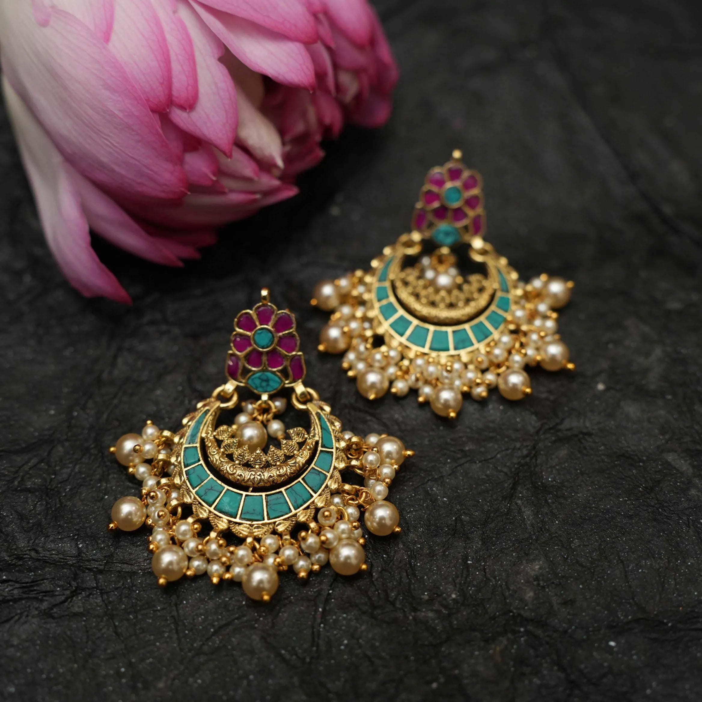 Firdaus Polki Chandbali Earrings - Turquoise