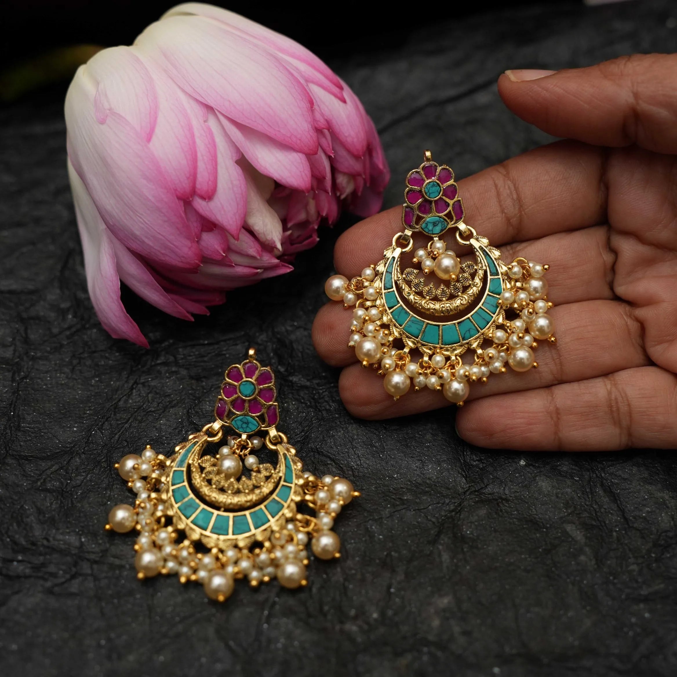Firdaus Polki Chandbali Earrings - Turquoise