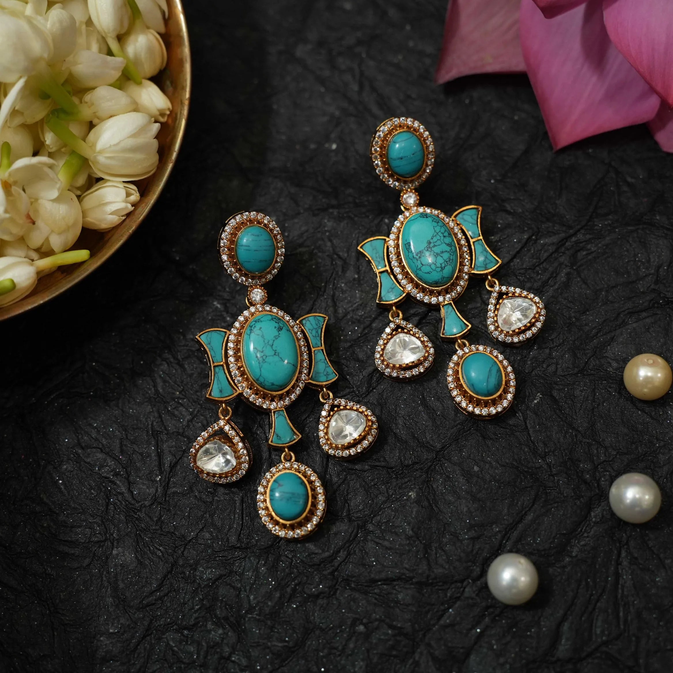 Gajra Polki Earrings - Turquoise - Rimli Boutique