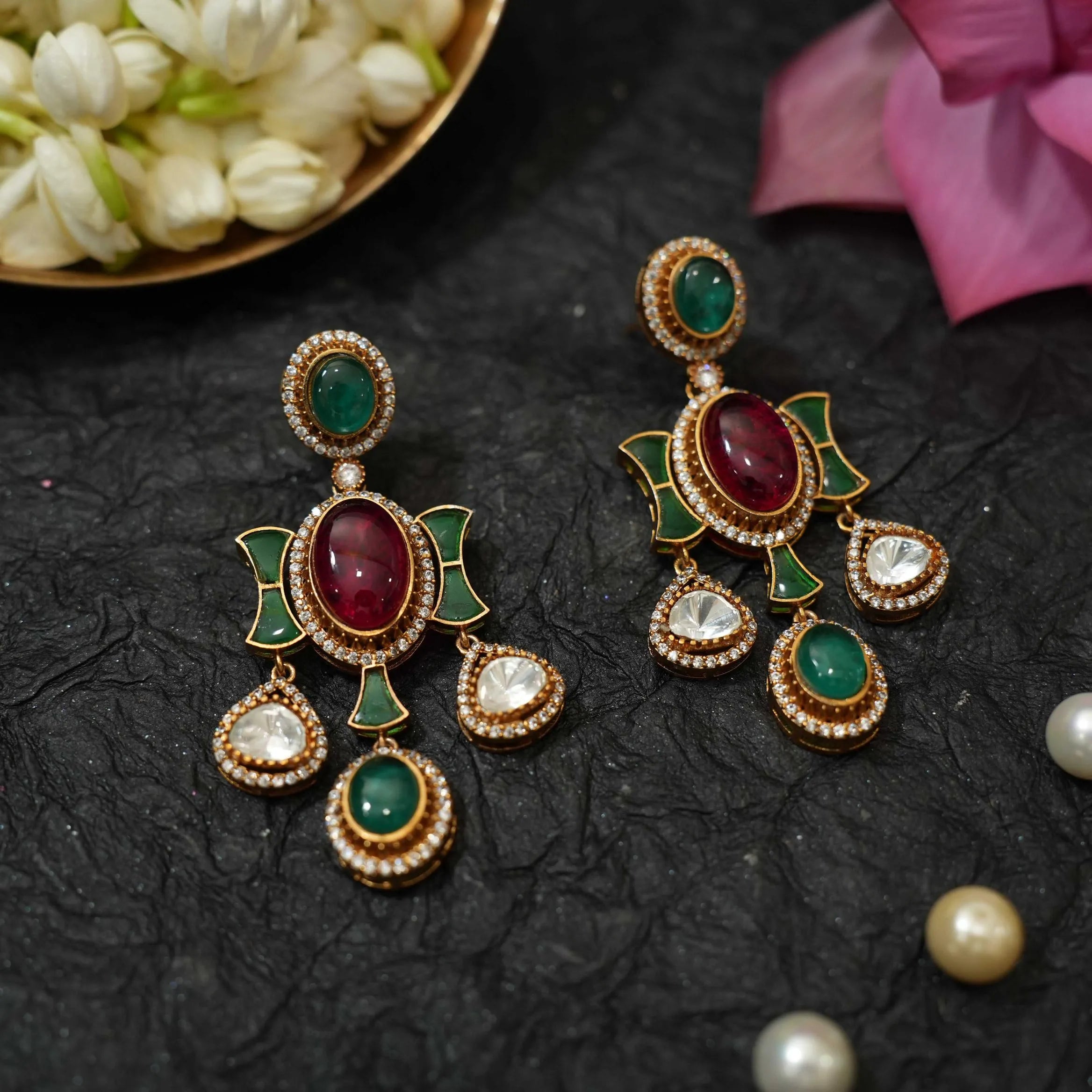 Gajra Polki Earrings - Green & Red - Rimli Boutique