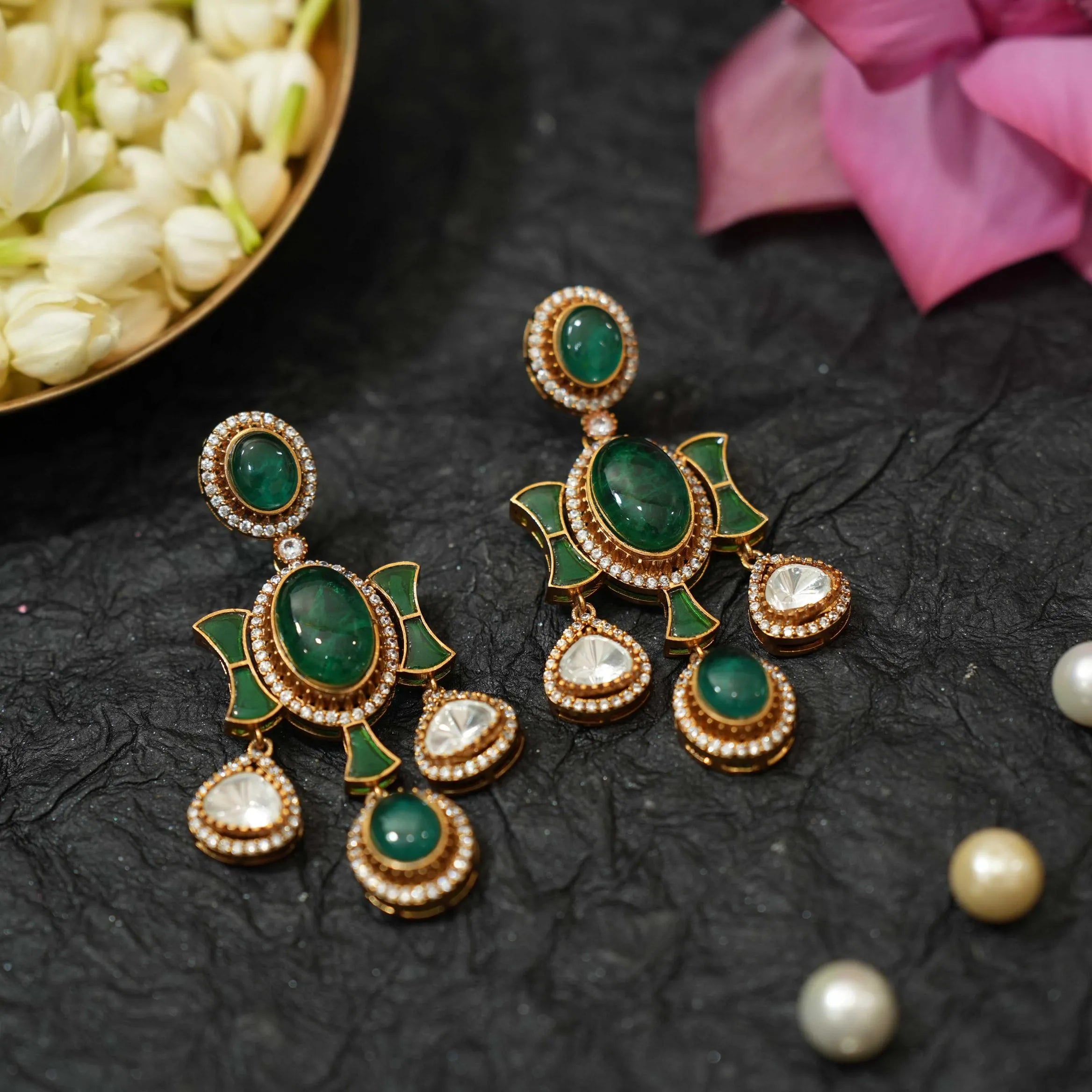 Gajra Polki Earrings - Green - Rimli Boutique