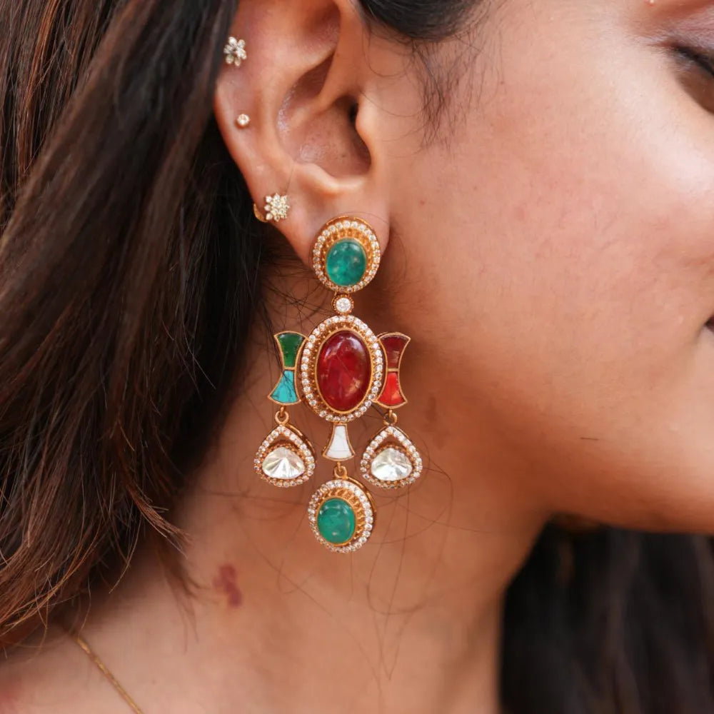 Gajra Polki Earrings - Turquoise & Red - Rimli Boutique