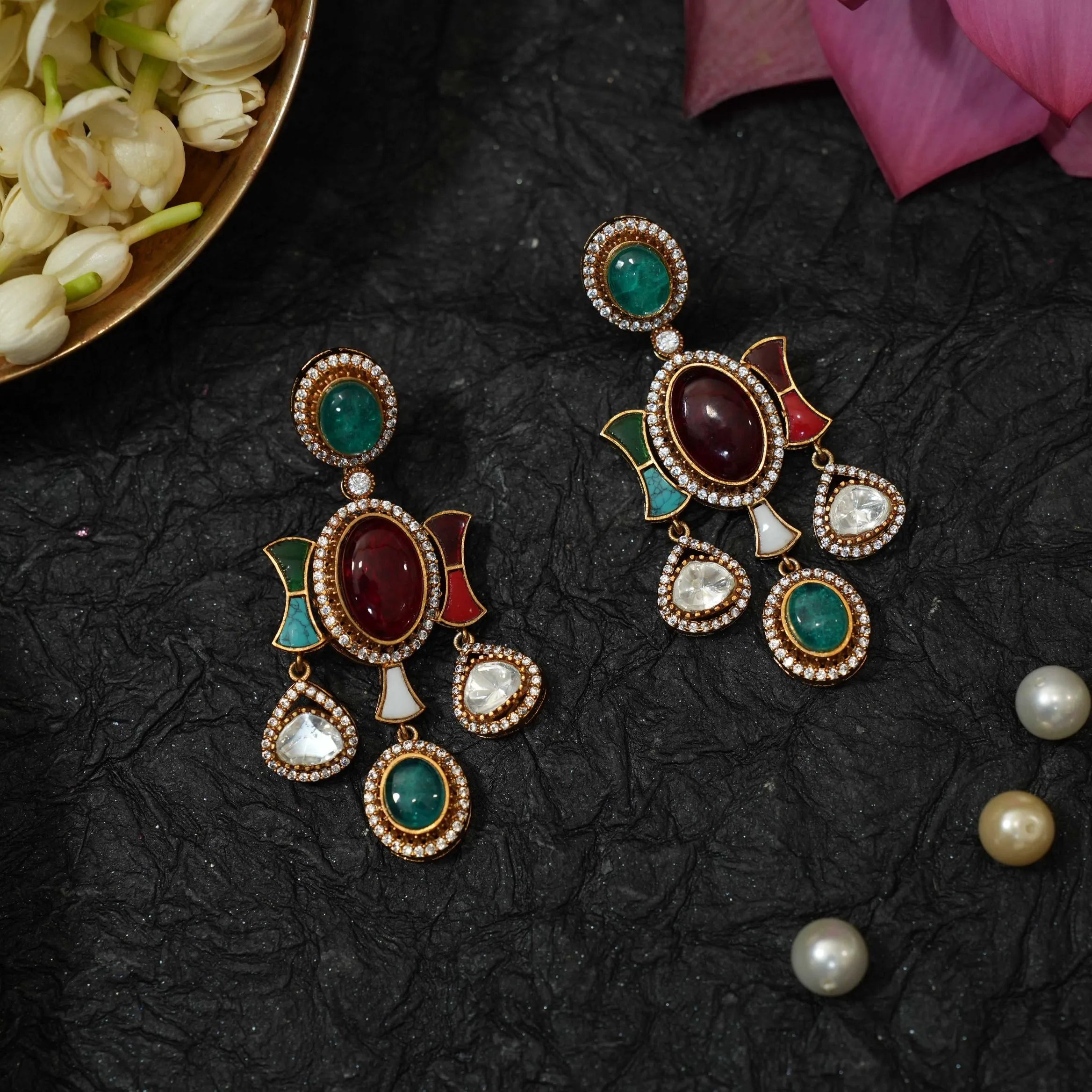 Gajra Polki Earrings - Turquoise & Red - Rimli Boutique