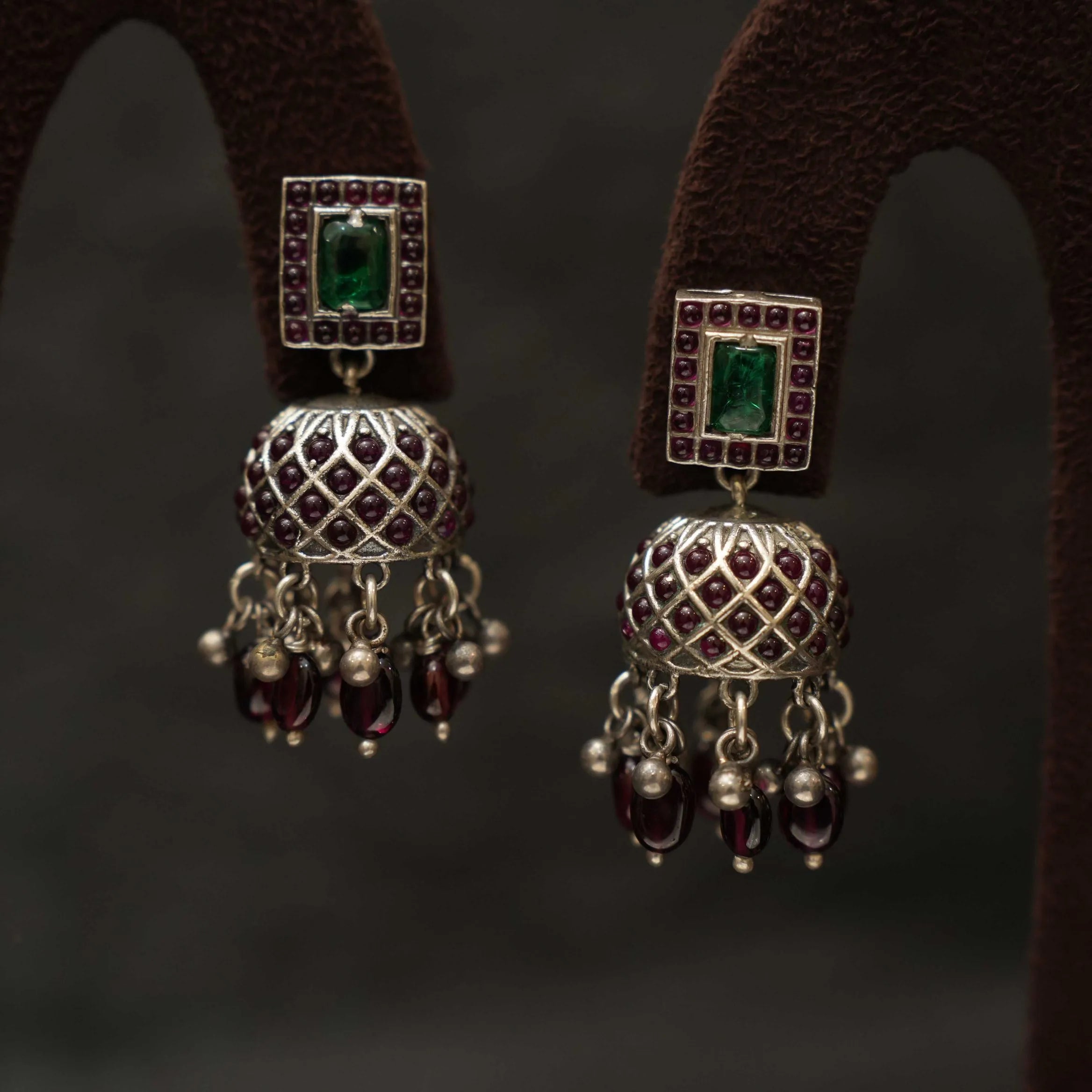 Gamya Silver Jhumka - Red