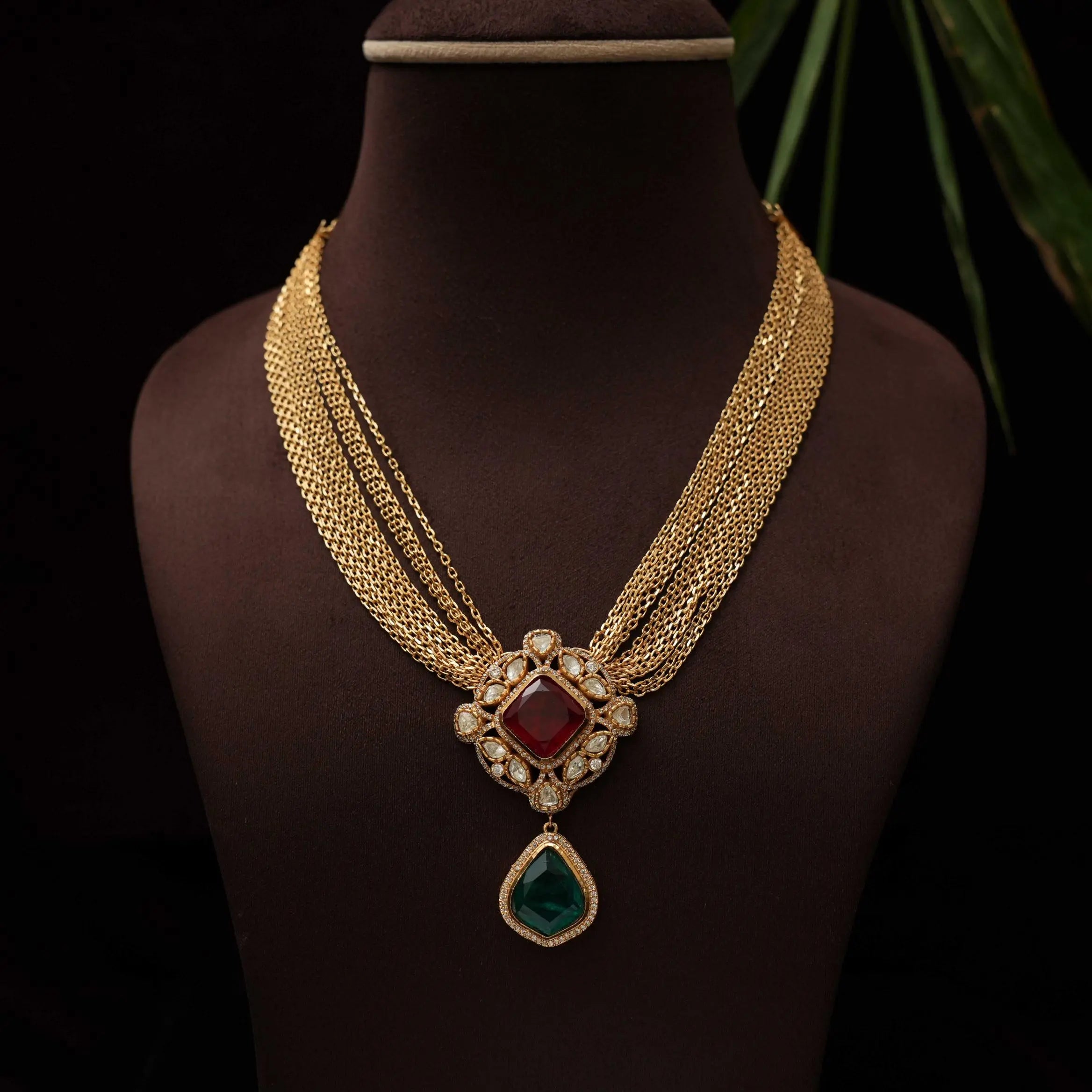 Gatha Polki Necklace - Red & Green