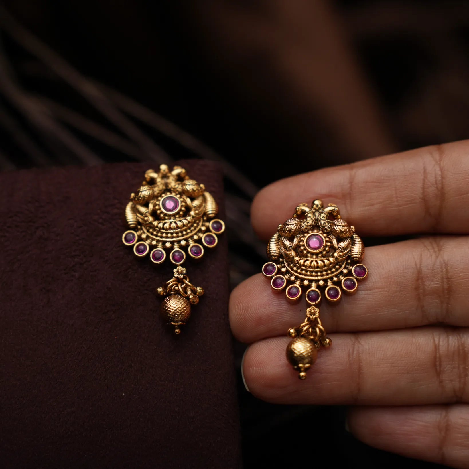 Gauri Antique Ear Stud - Ruby Pink