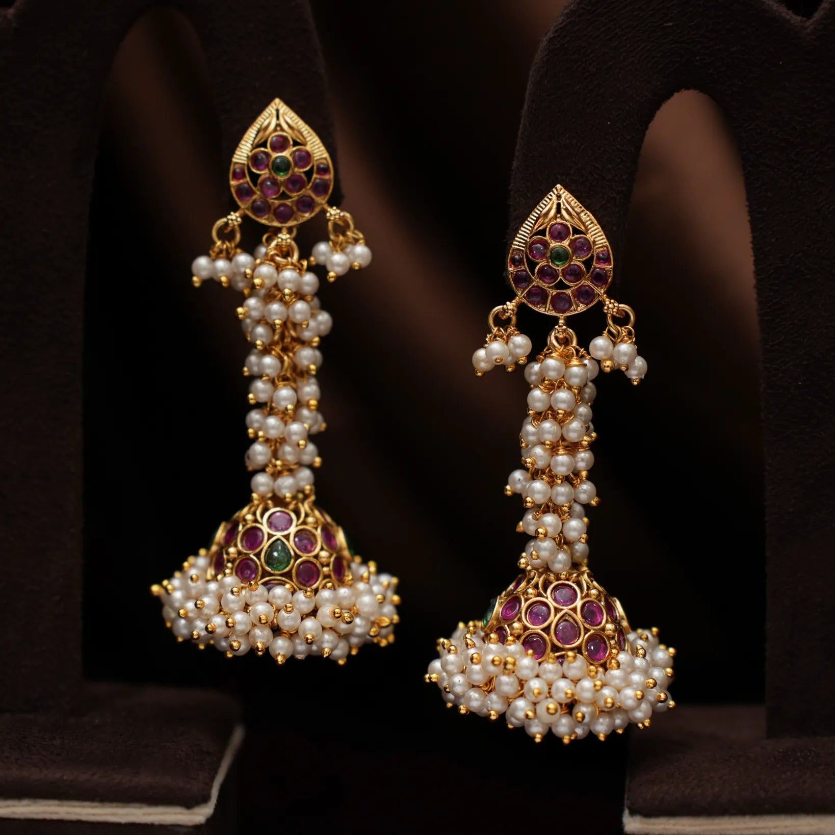 Gauri Antique Jhumka Earrings - Red & Green