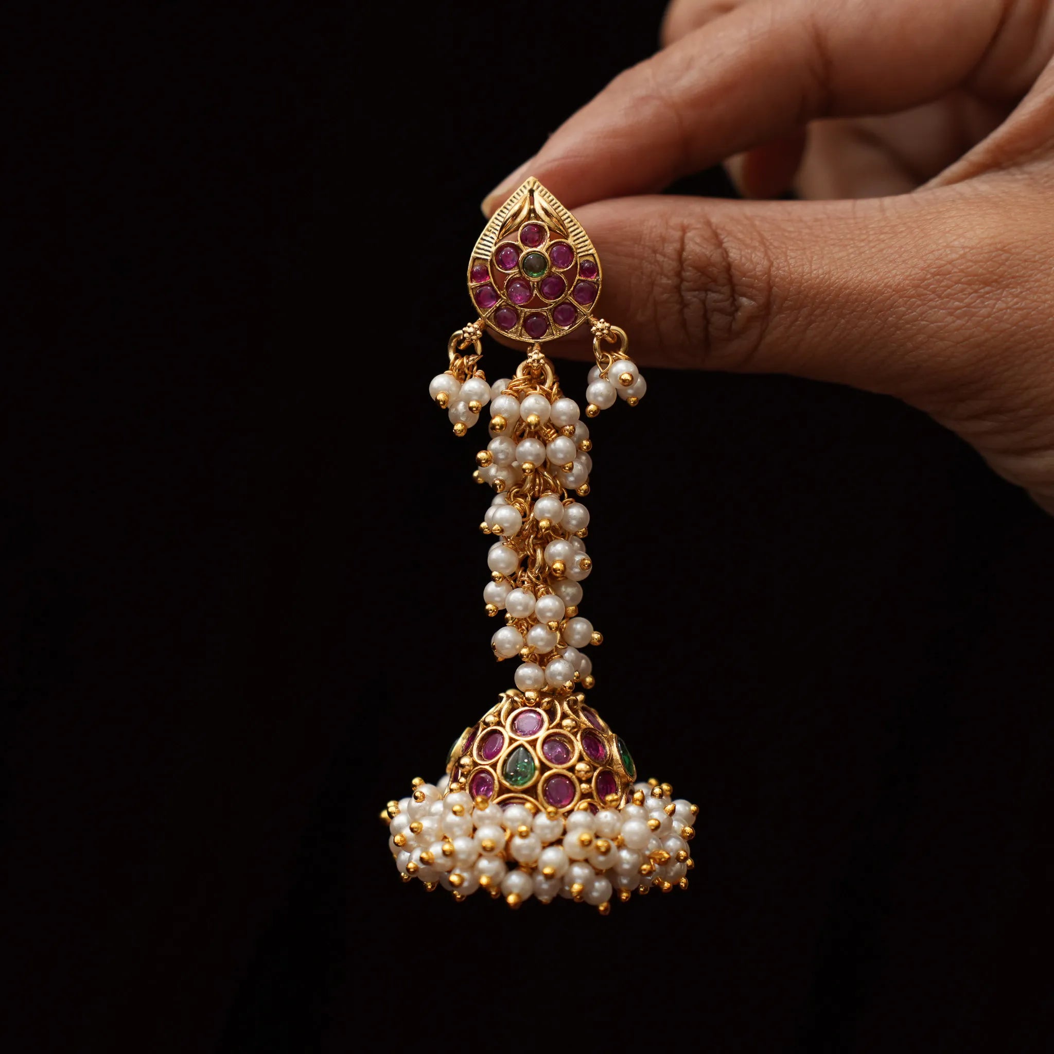 Gauri Antique Jhumka Earrings - Red & Green