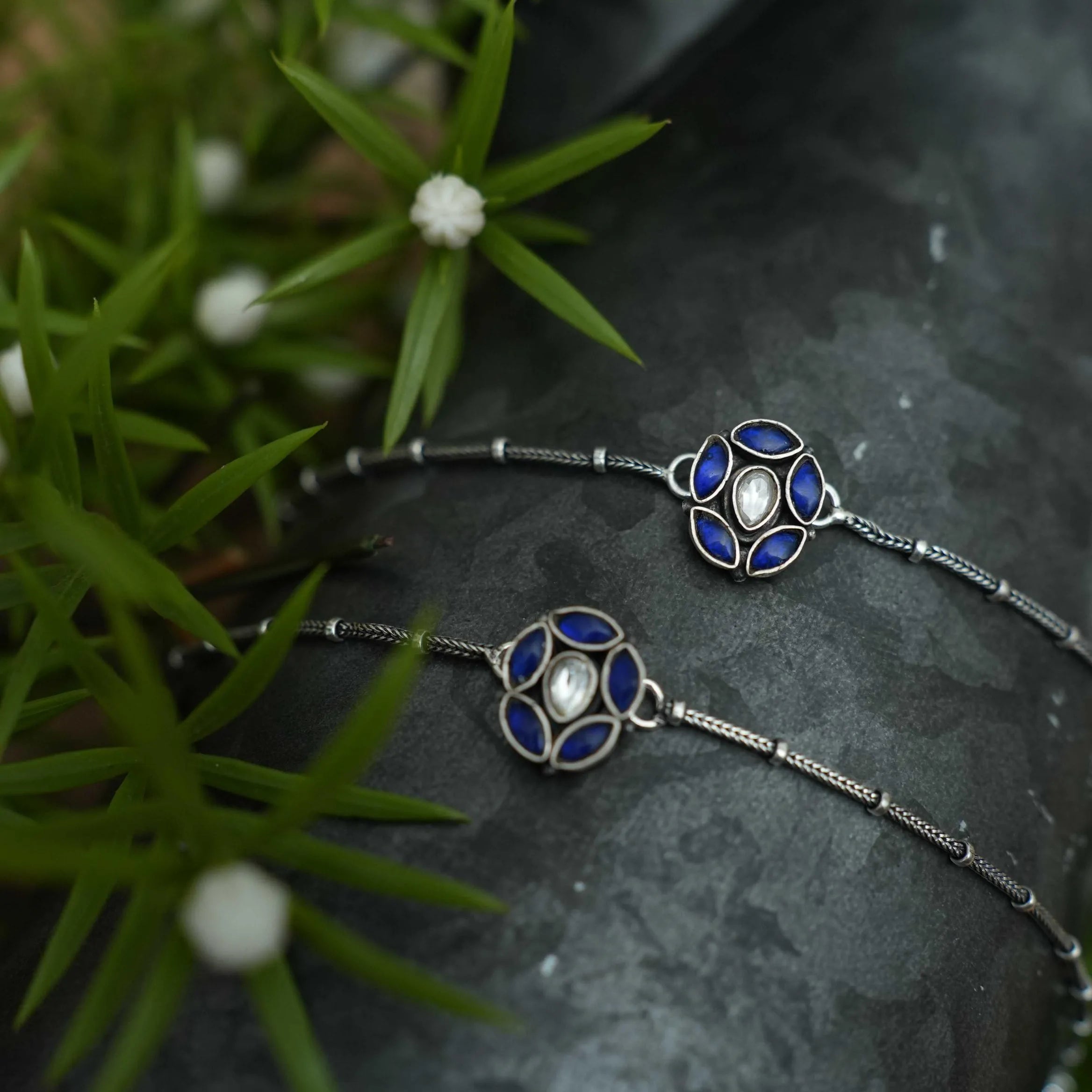 Gauri Silver Oxidised Anklets - Blue