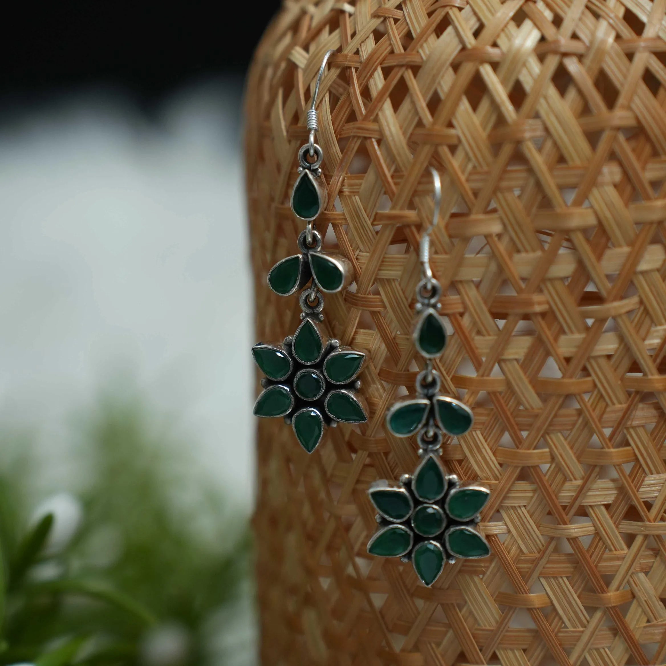 Gaurika Silver Oxidized Hoop Earrings - Green