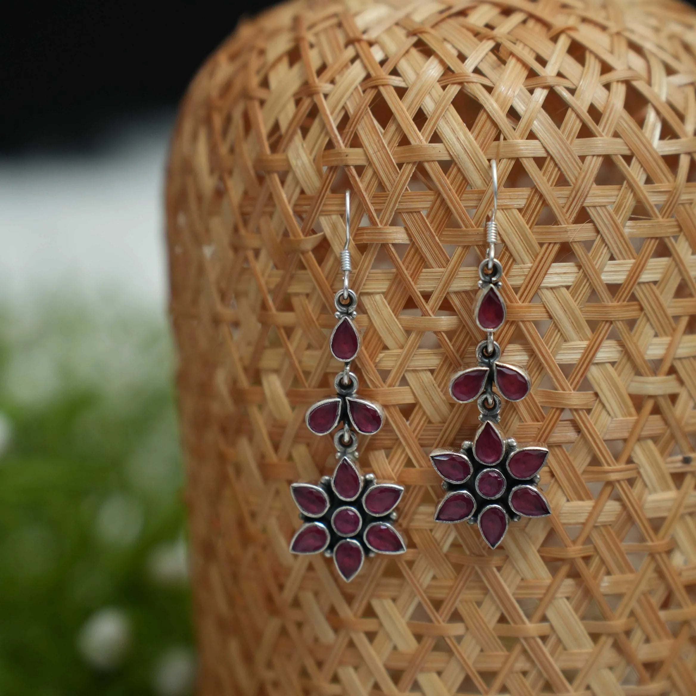 Gaurika Silver Oxidized Hoop Earrings - Red