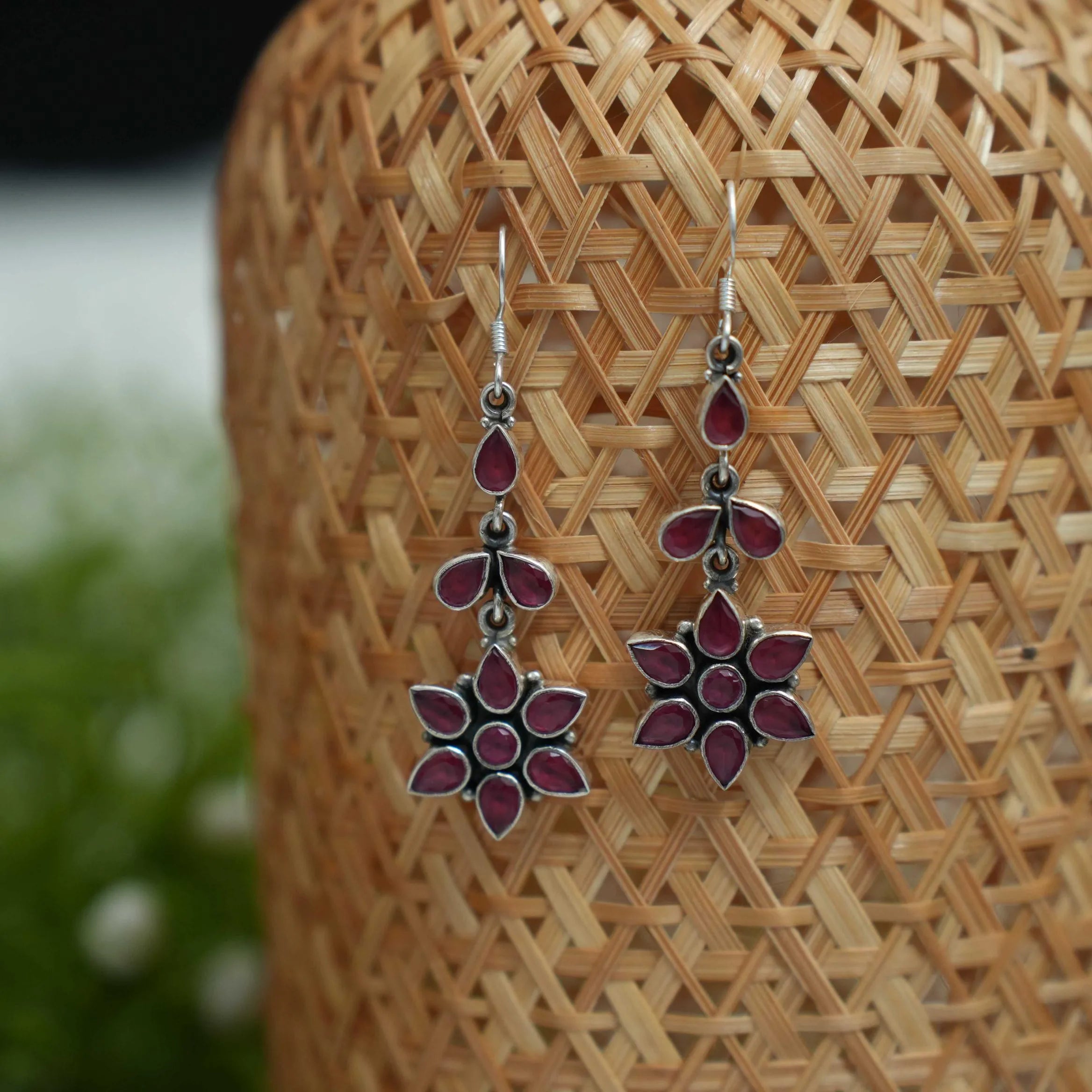 Gaurika Silver Oxidized Hoop Earrings - Red