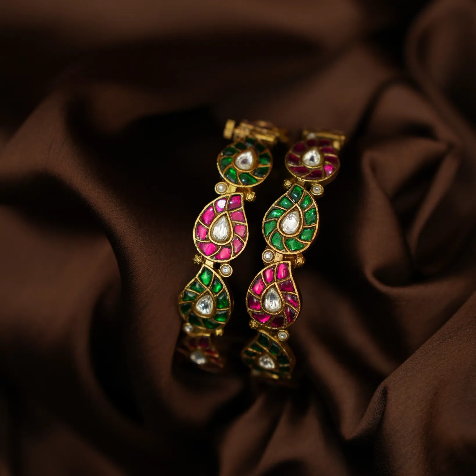 Gyanvi Polki Bangles - Reddish Pink & Green