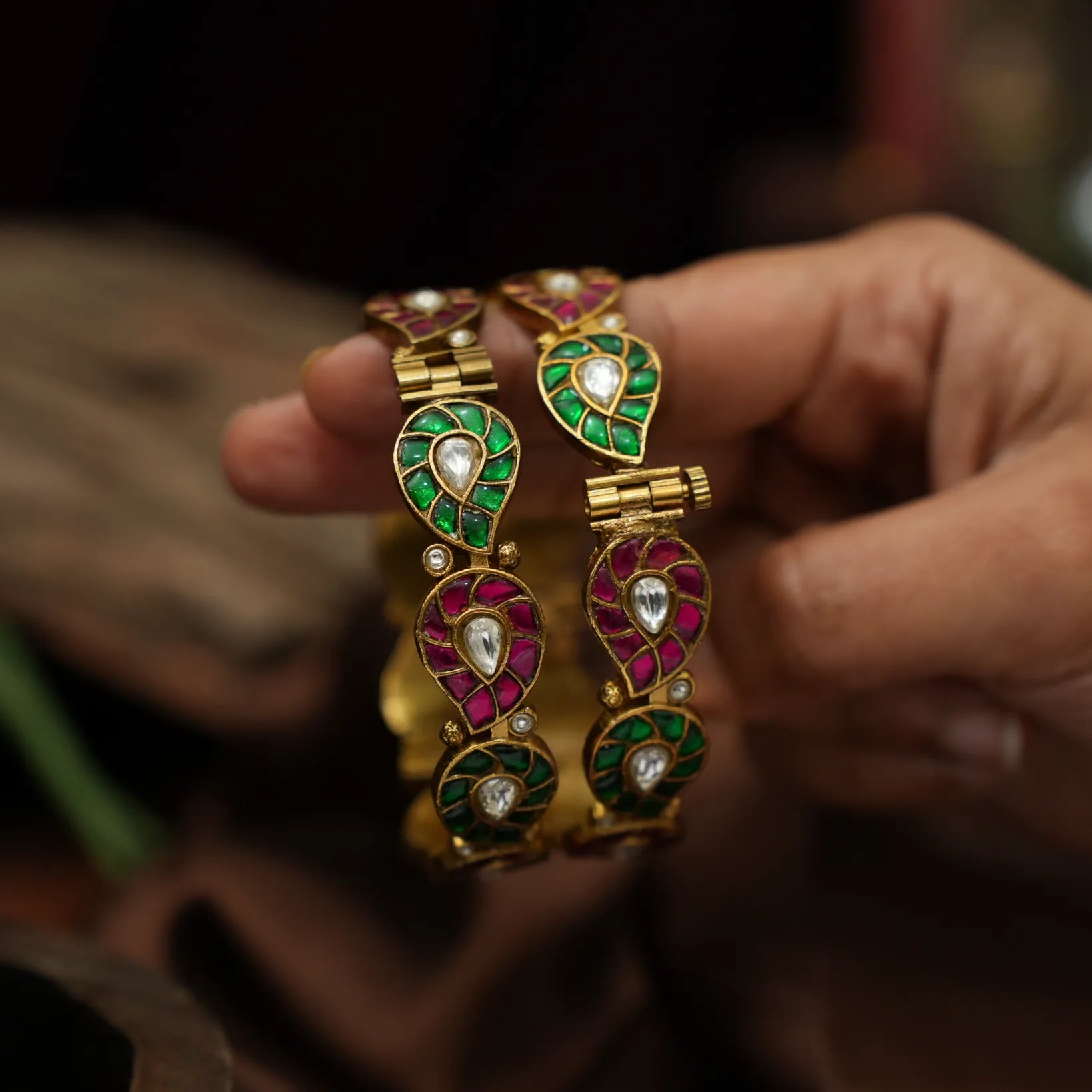Gyanvi Polki Bangles - Reddish Pink & Green