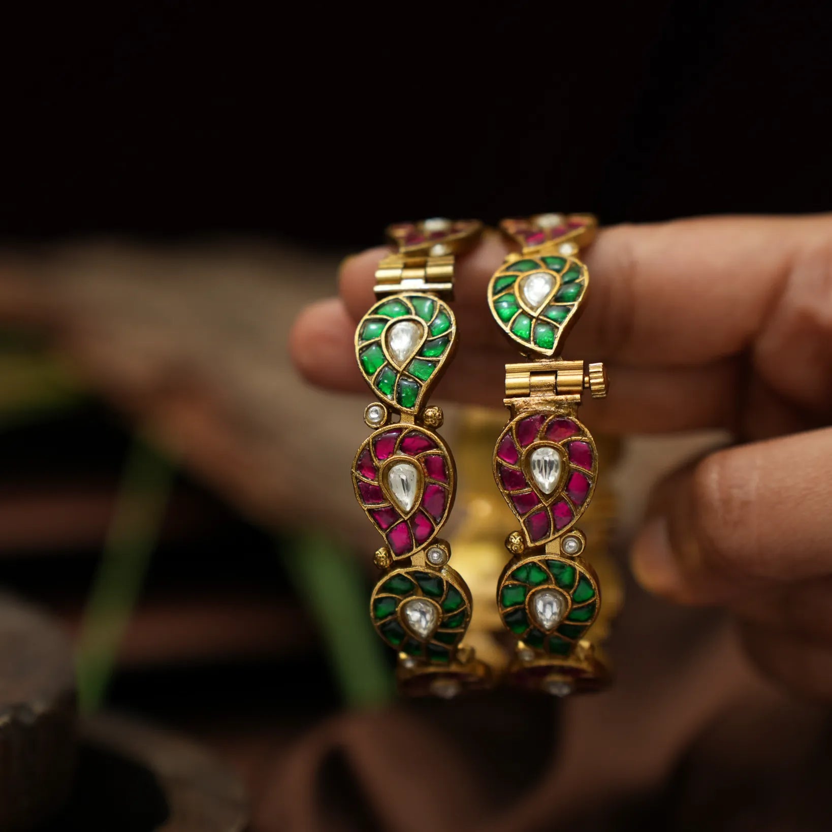 Gyanvi Polki Bangles - Reddish Pink & Green