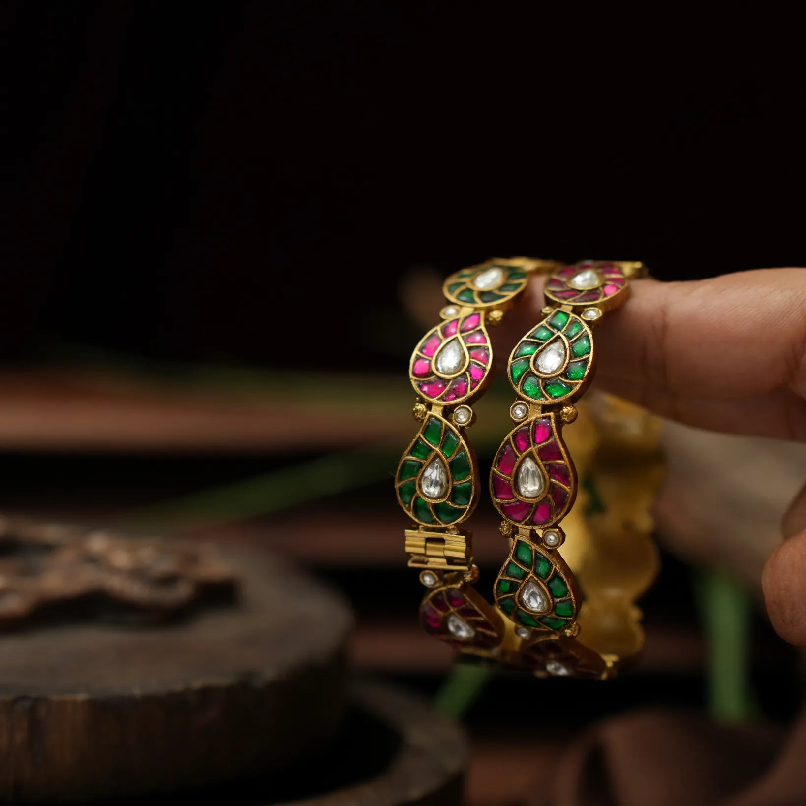 Gyanvi Polki Bangles - Reddish Pink & Green