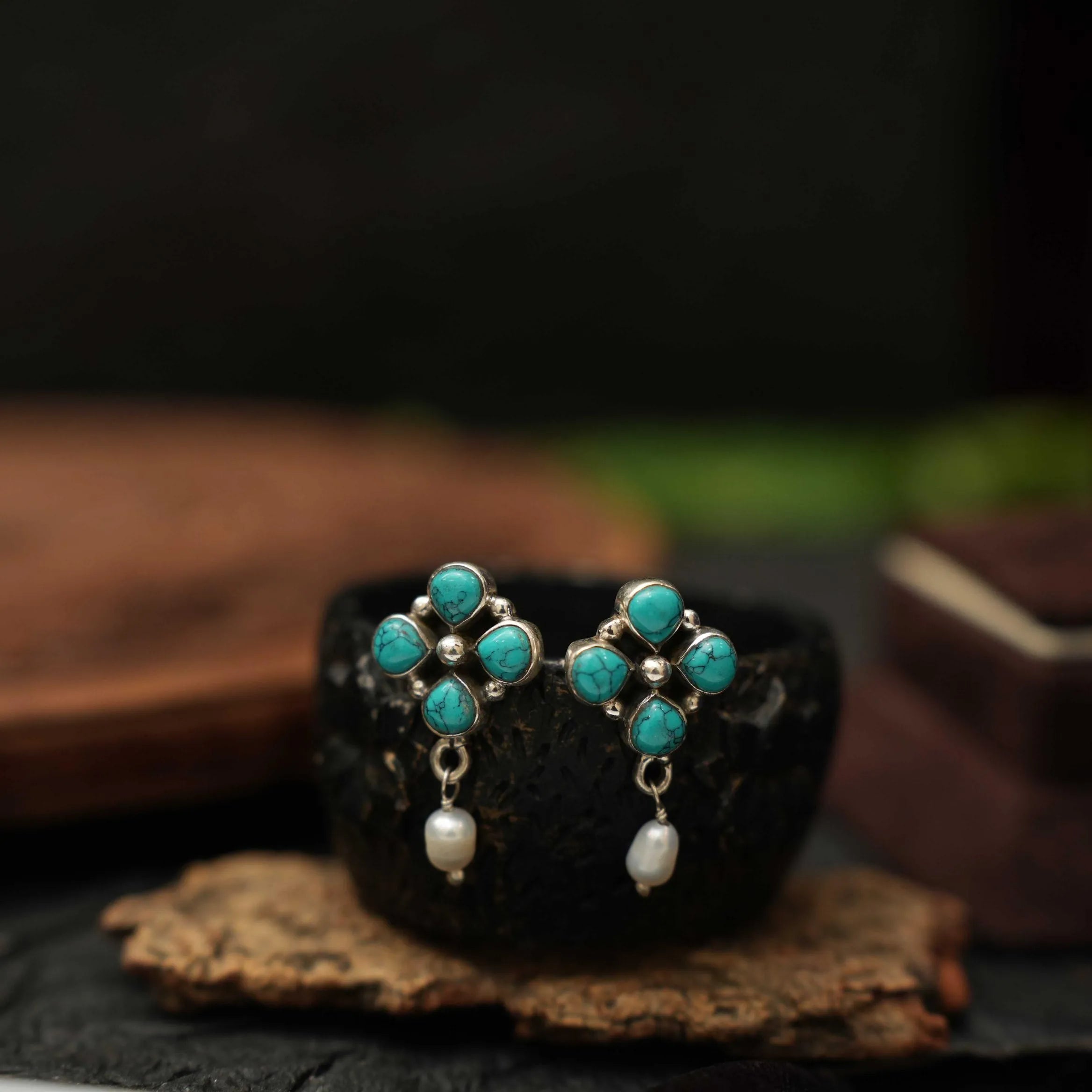 Haisha Silver Oxidised Earring - Turquoise