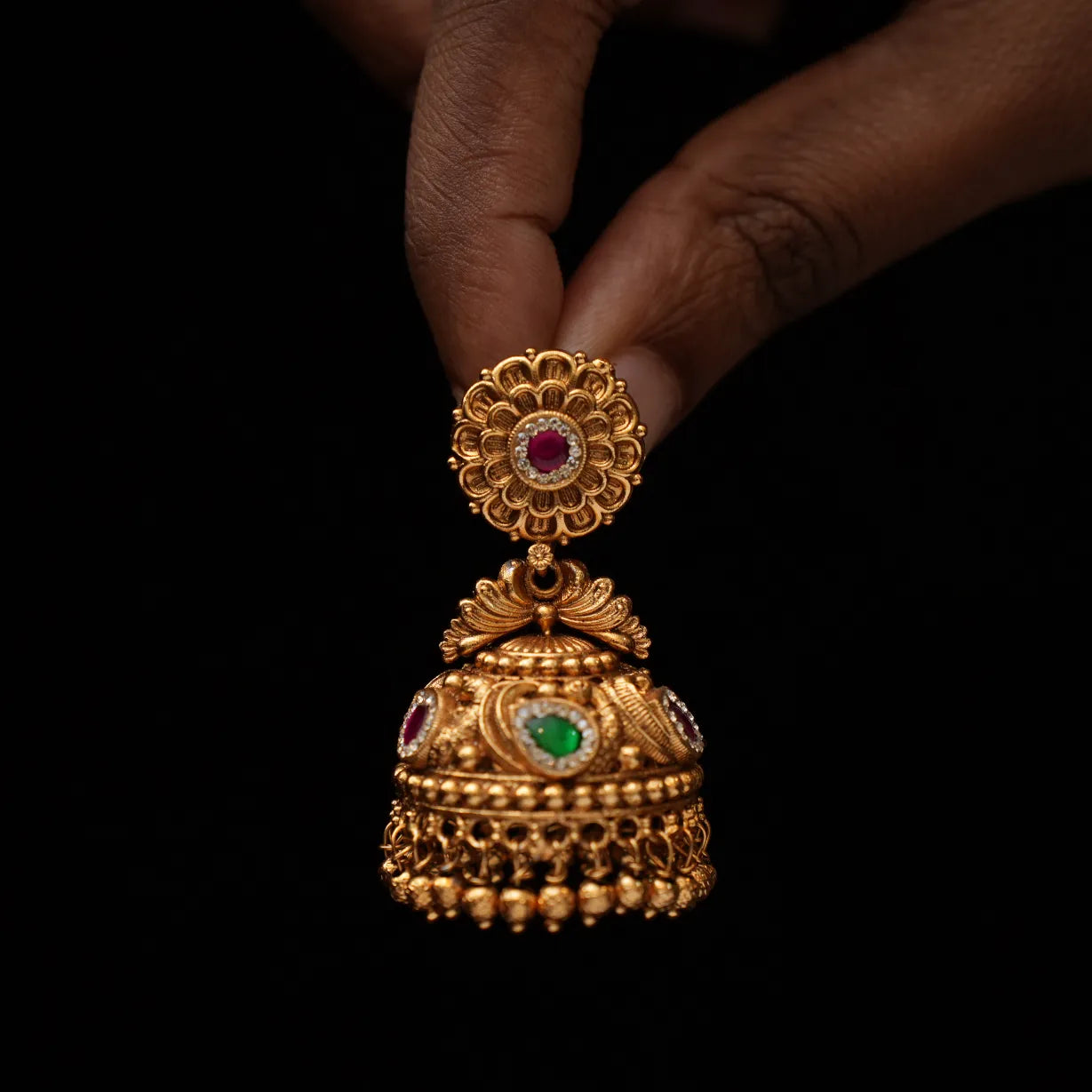 Hanvith Antique Jhumka Earrings - Green
