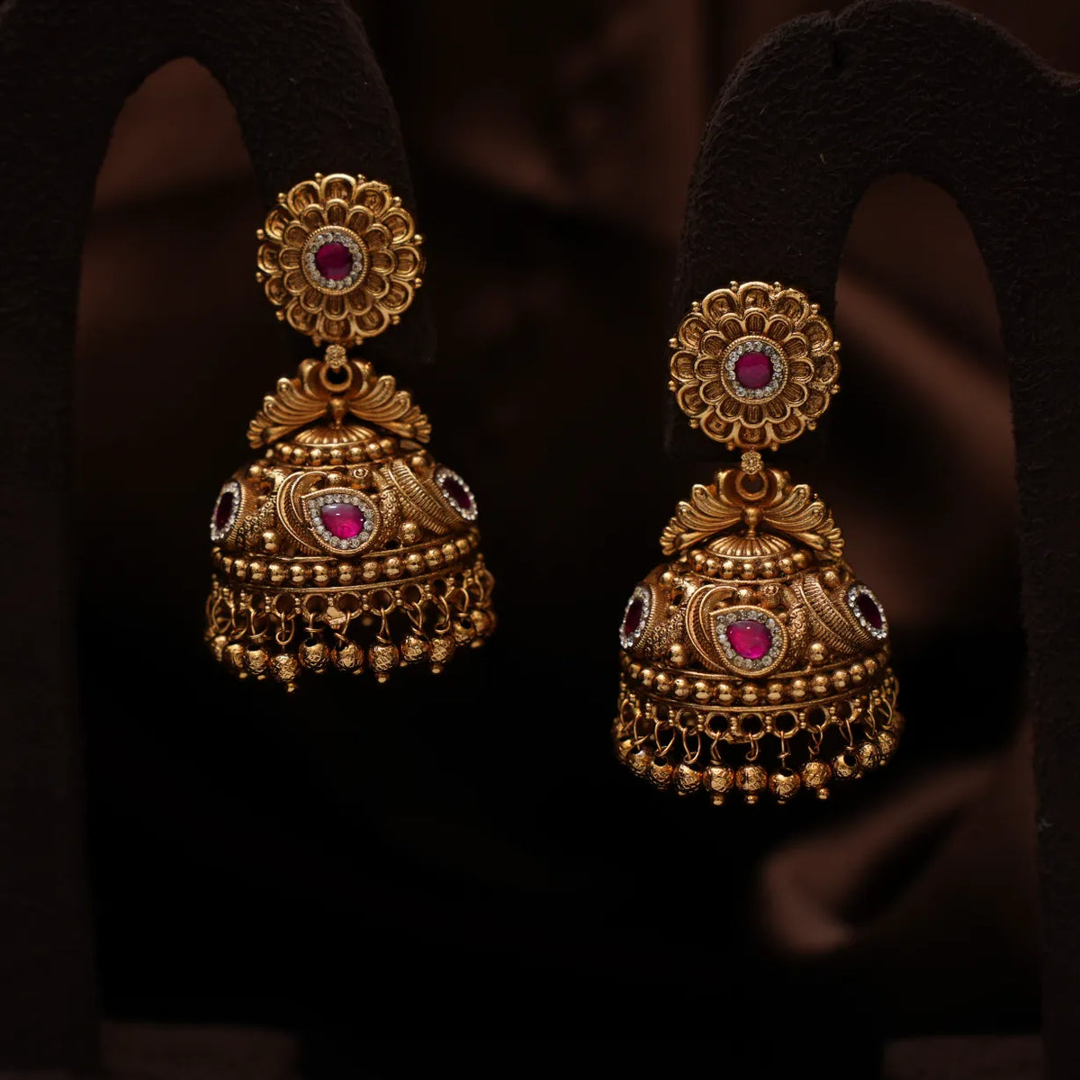 Hanvith Antique Jhumka Earrings - Red & Green