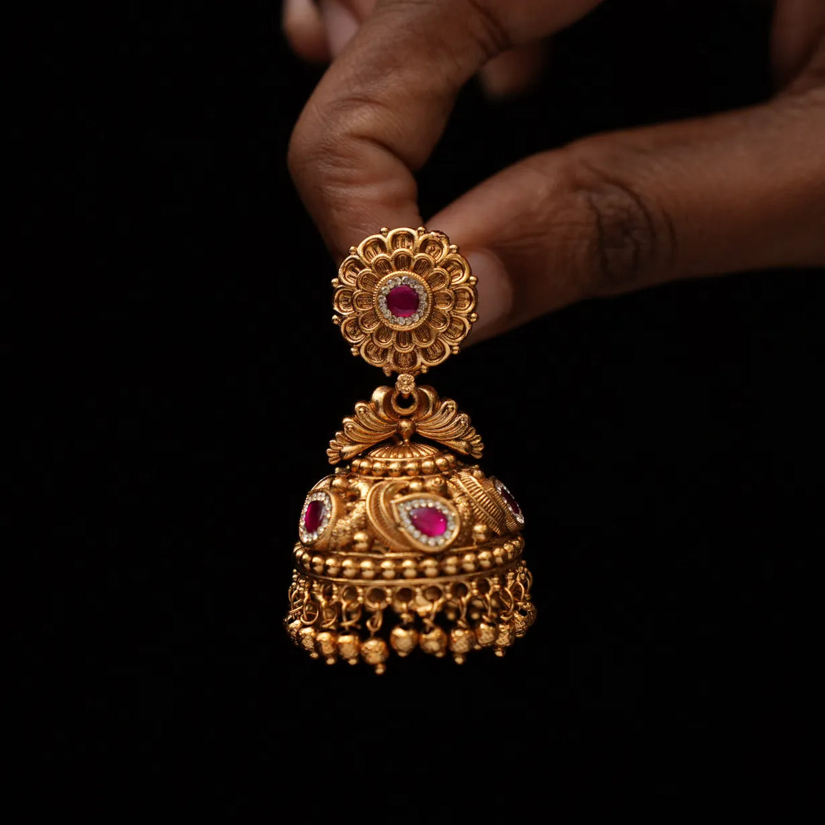 Hanvith Antique Jhumka Earrings - Red & Green