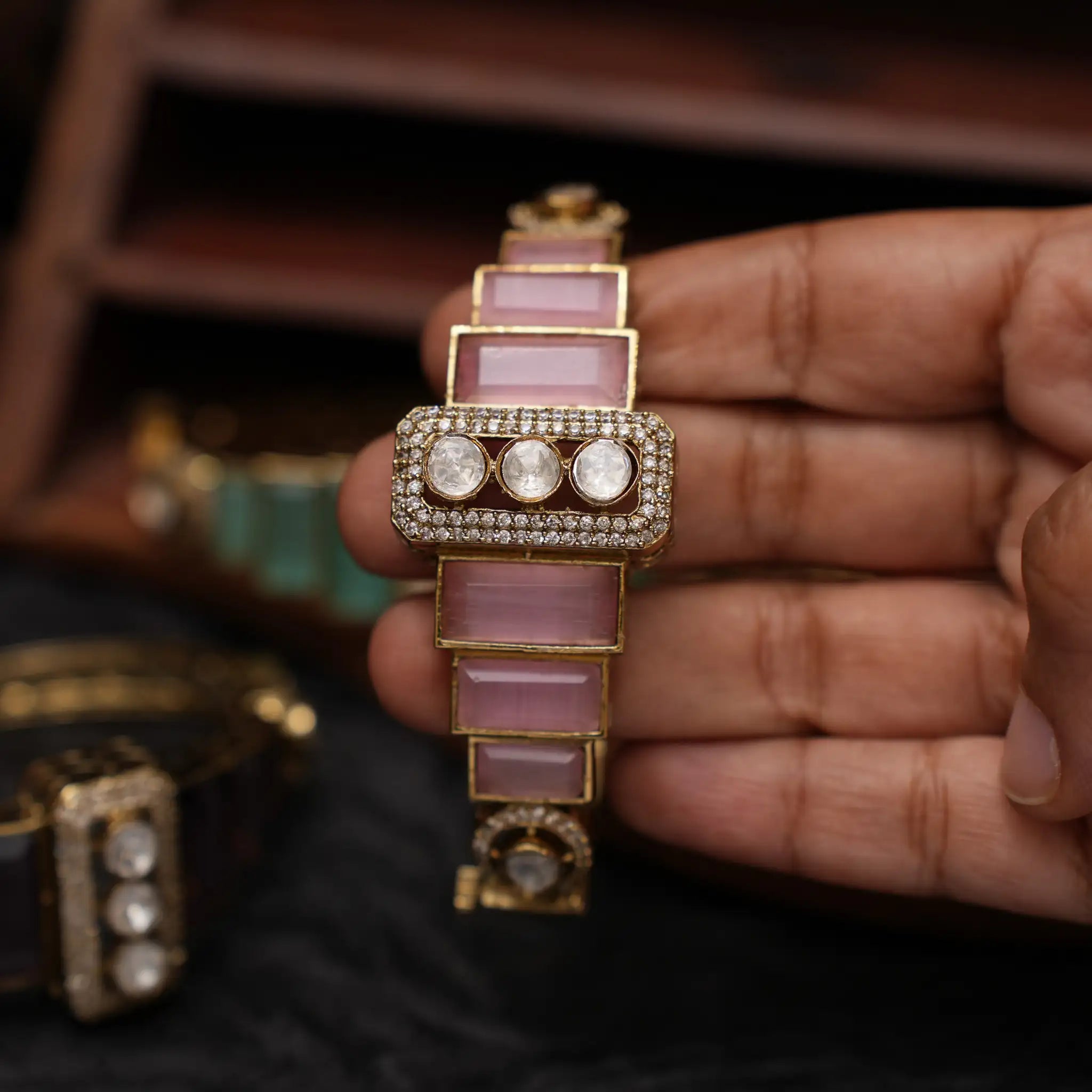 Harita Victorian Polki Bracelet - Pastel Pink