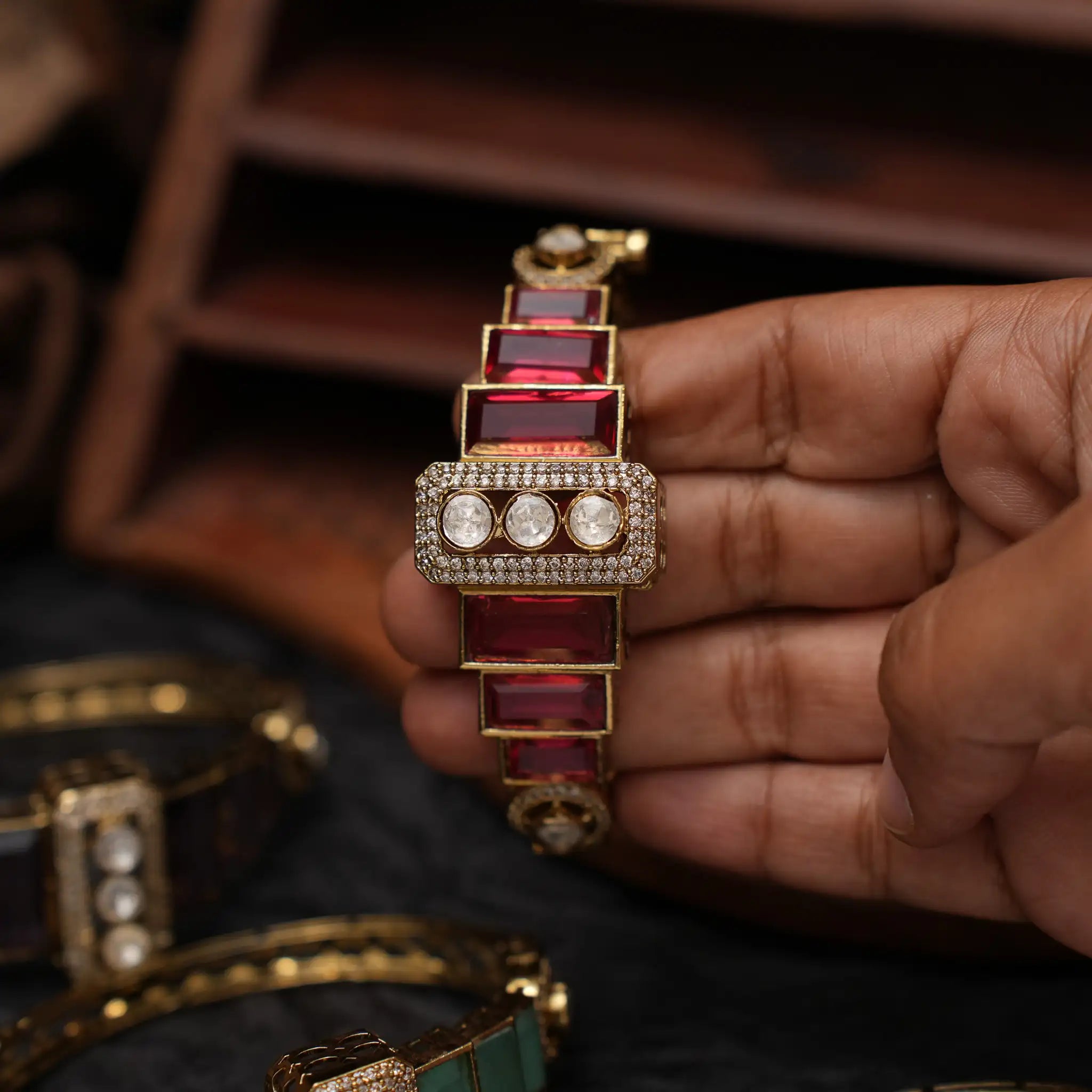 Harita Victorian Polki Bracelet - Red