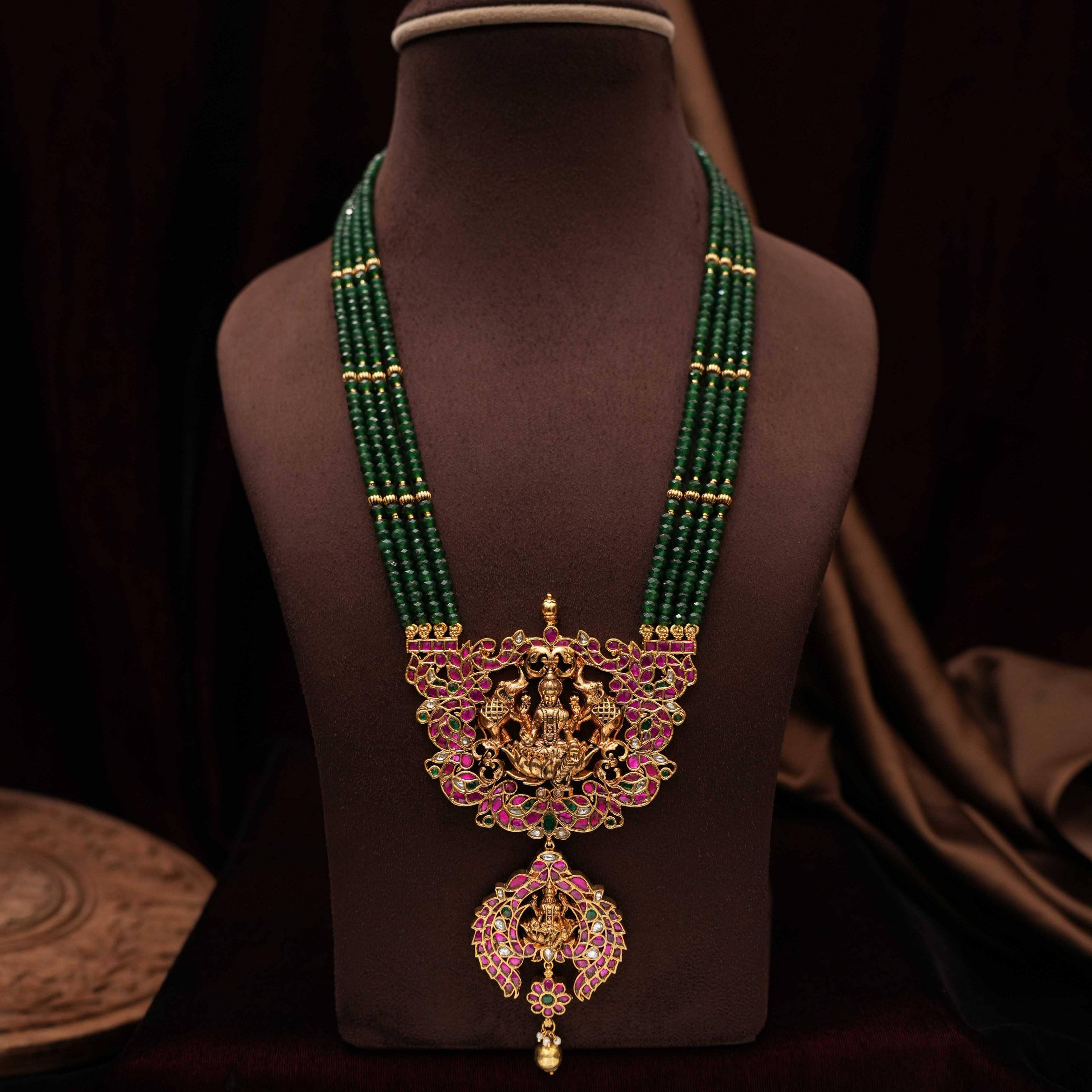 Harshali Antique Beaded Necklace - Dark Green