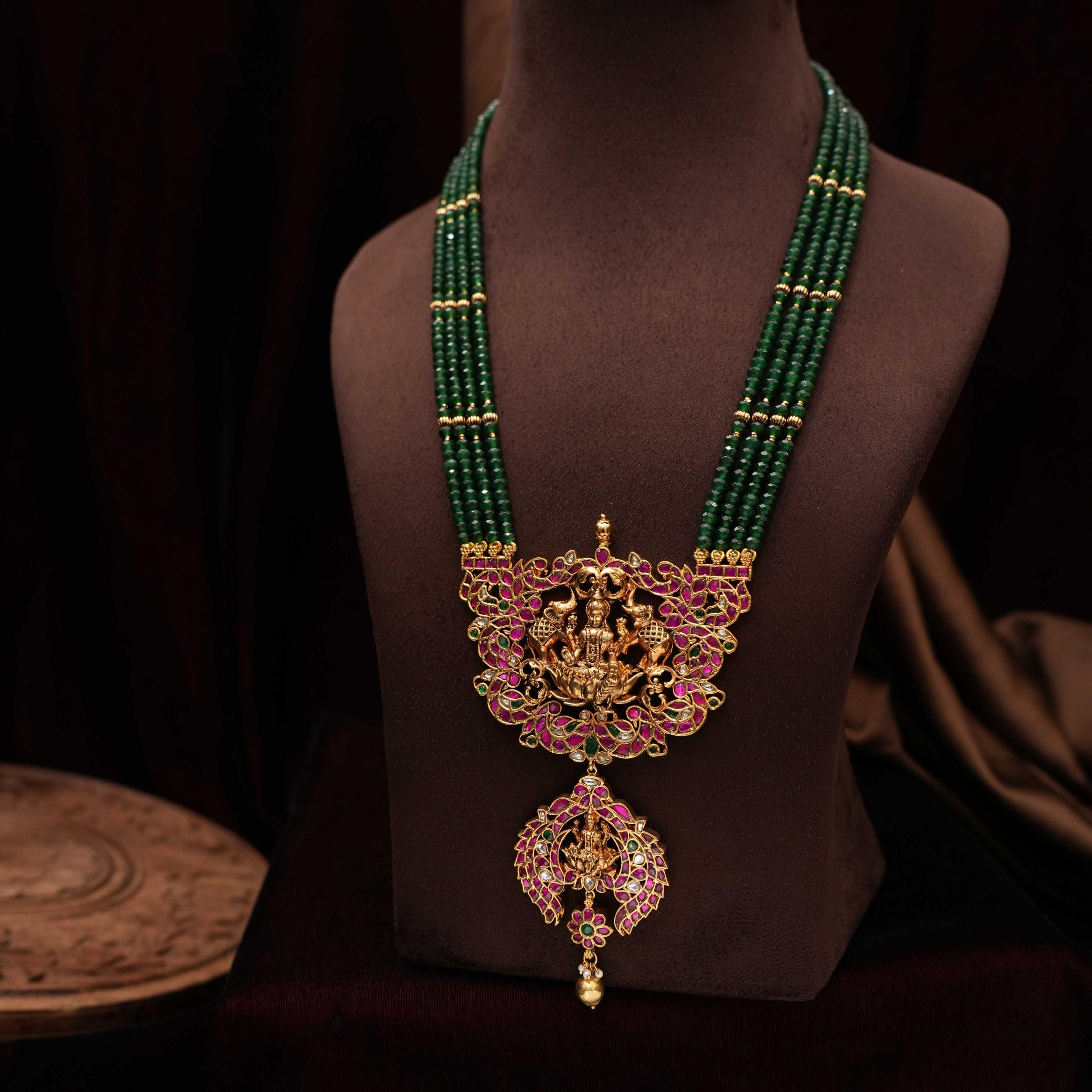 Harshali Antique Beaded Necklace - Dark Green