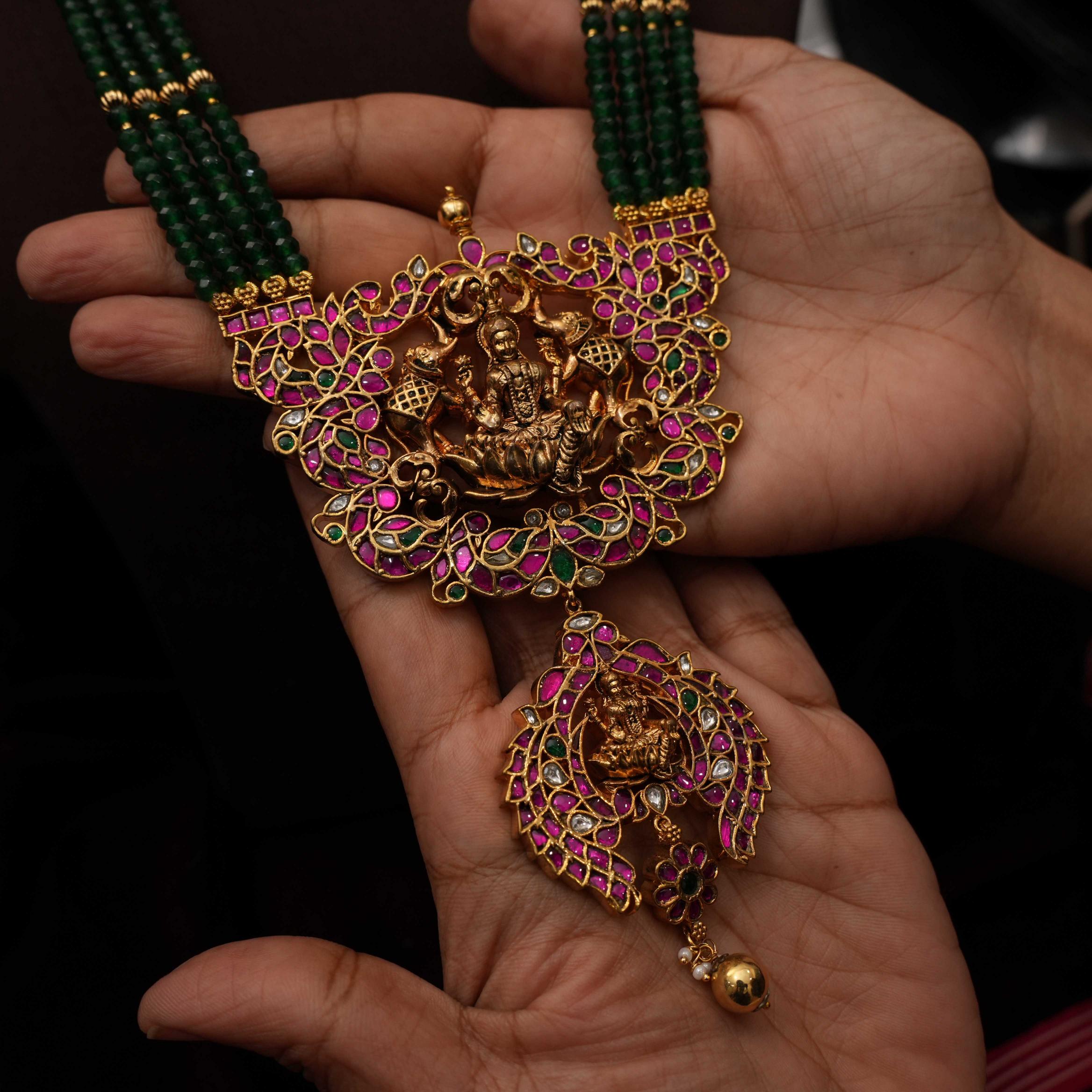 Harshali Antique Beaded Necklace - Dark Green