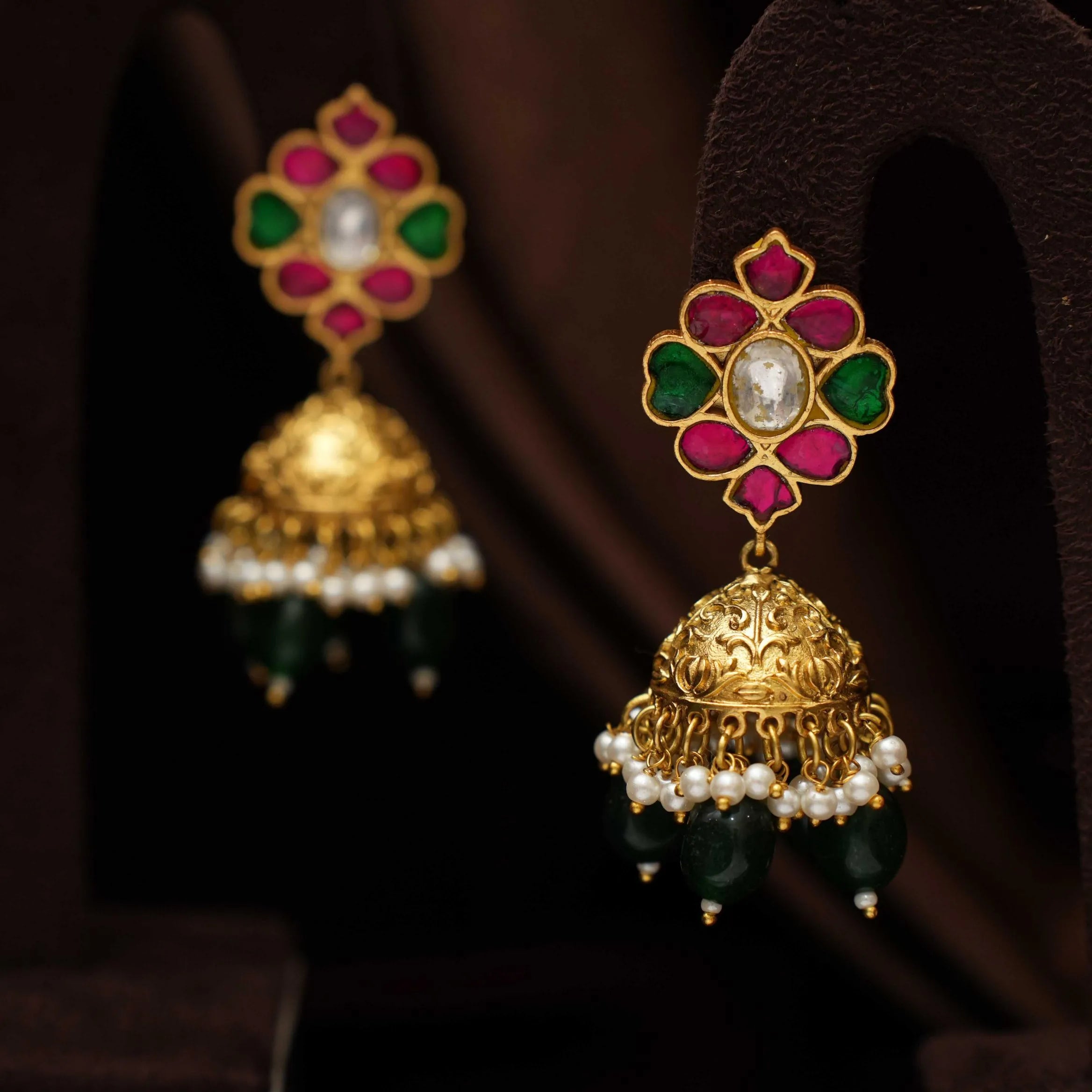 Harshini Polki Jhumka Earrings - Dark Green