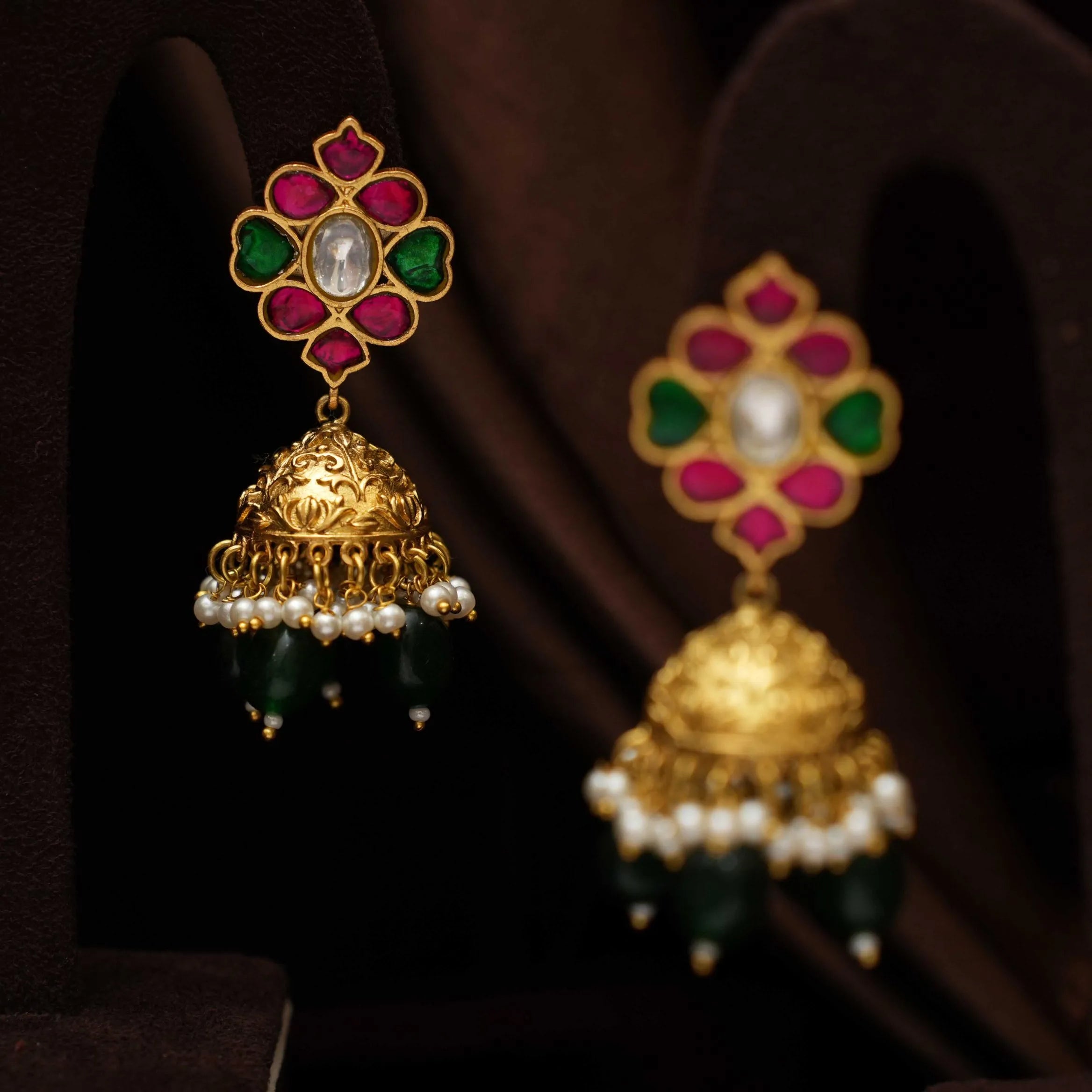 Harshini Polki Jhumka Earrings - Dark Green