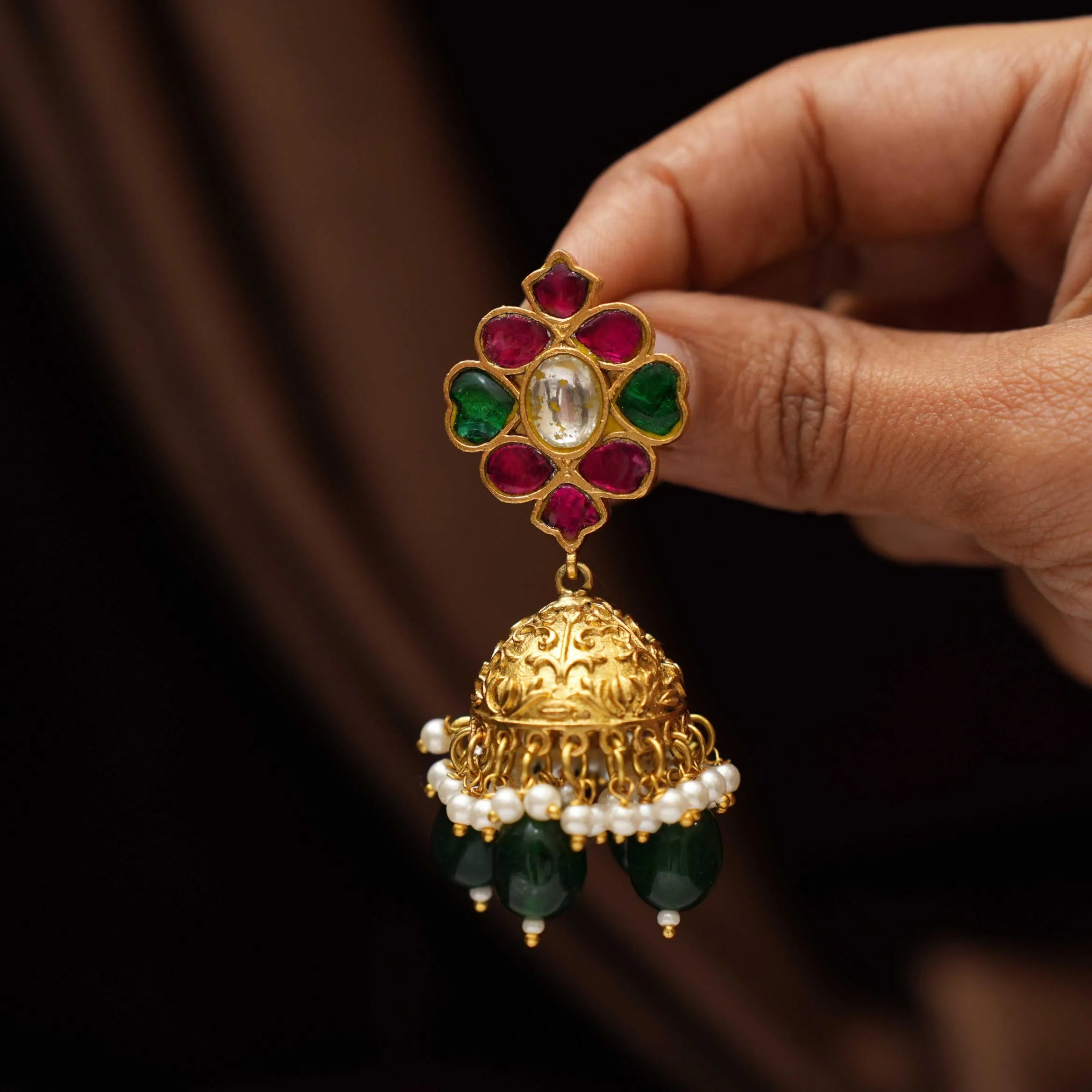 Harshini Polki Jhumka Earrings - Dark Green