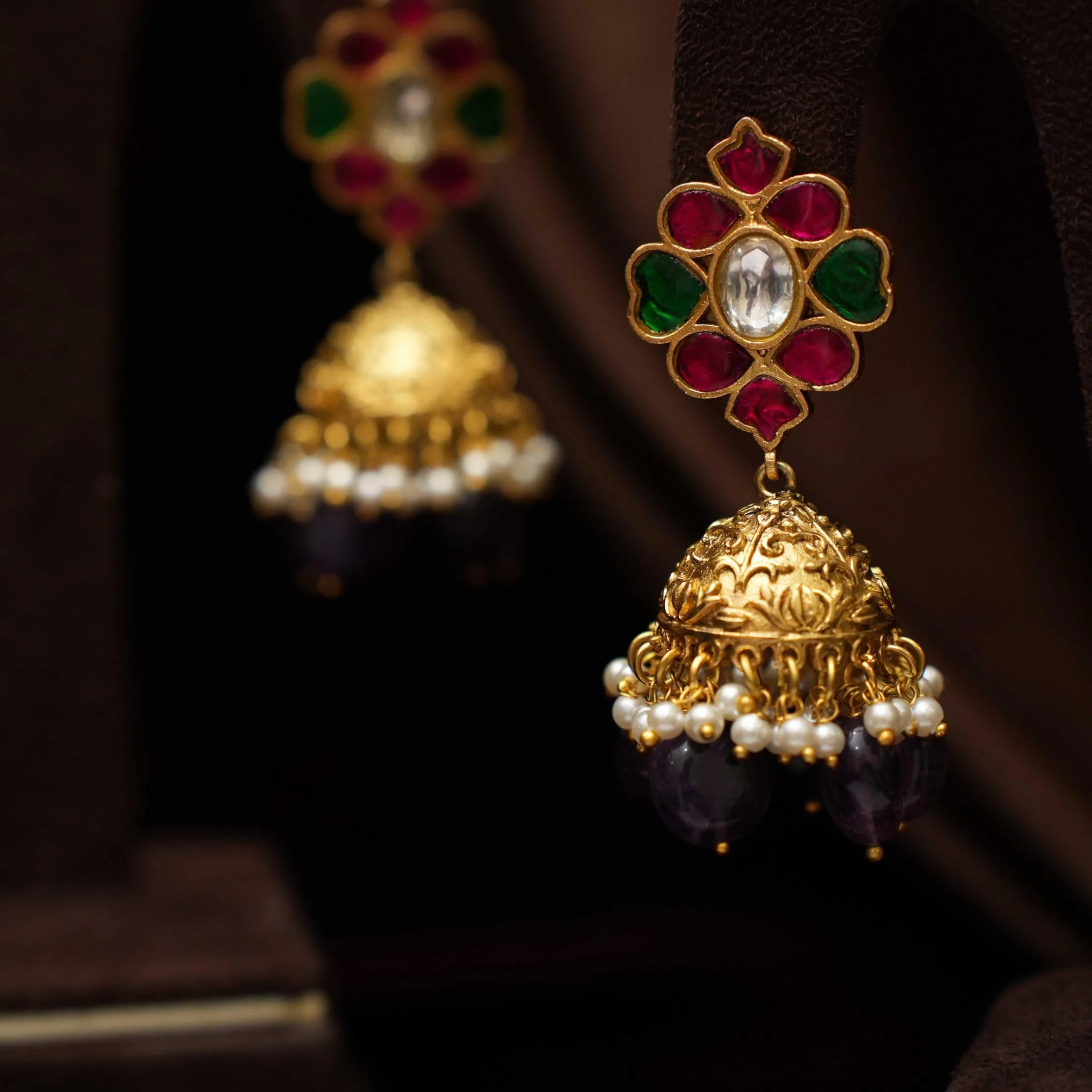 Harshini Polki Jhumka Earrings - Purple